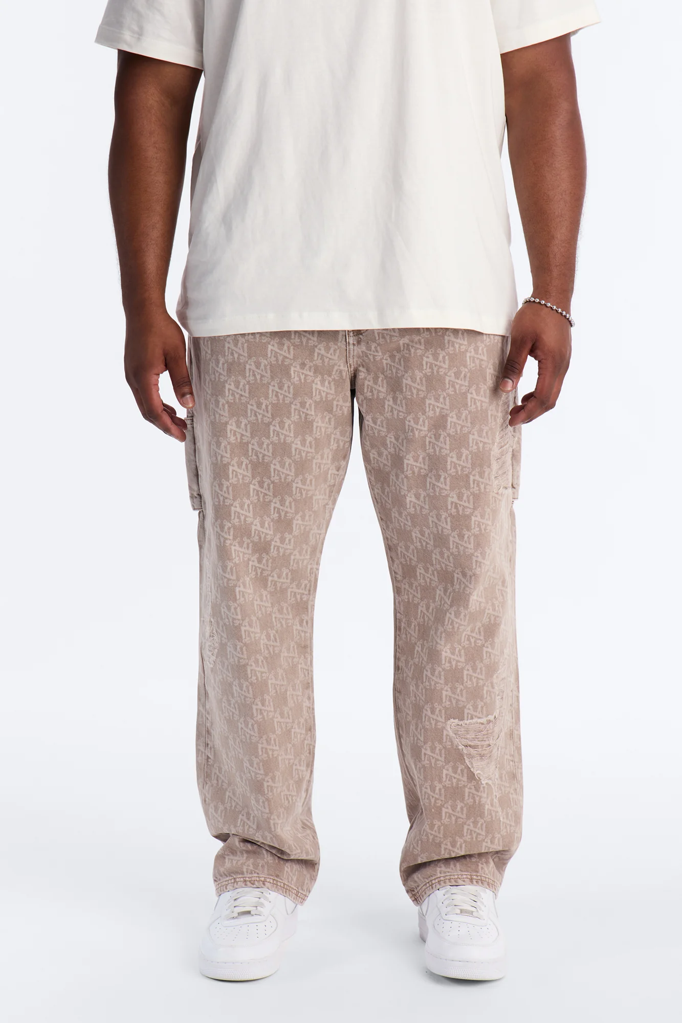 Straight Break Wide Monogram Distressed Jean - Khaki - Image 5