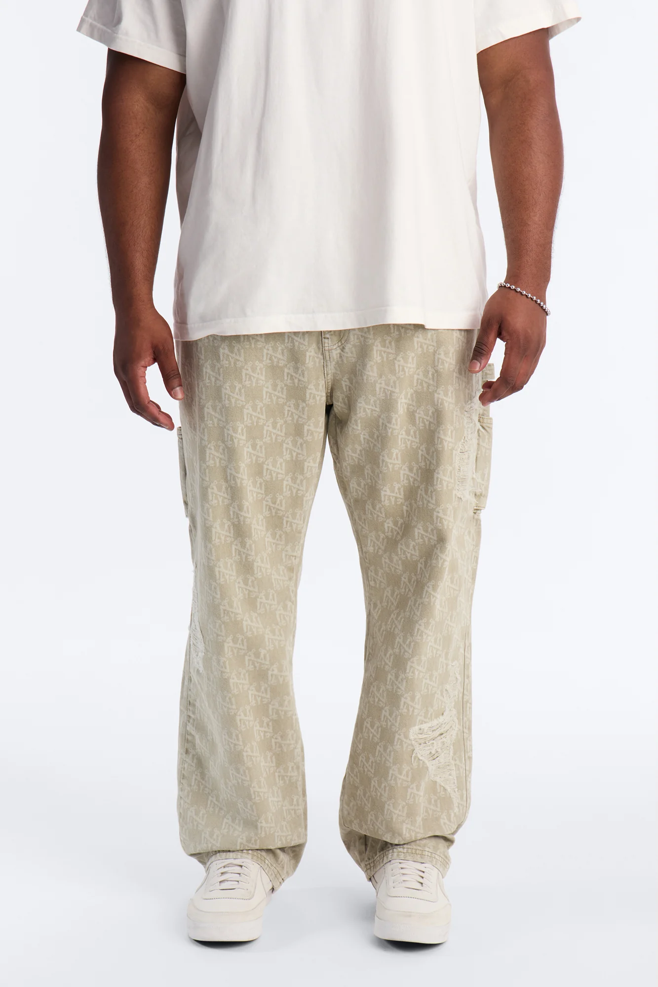 Straight Break Wide Monogram Distressed Jean - Sage - Image 5
