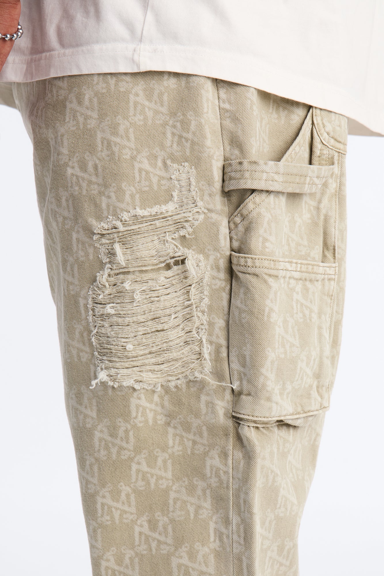 Straight Break Wide Monogram Distressed Jean - Sage - Image 9