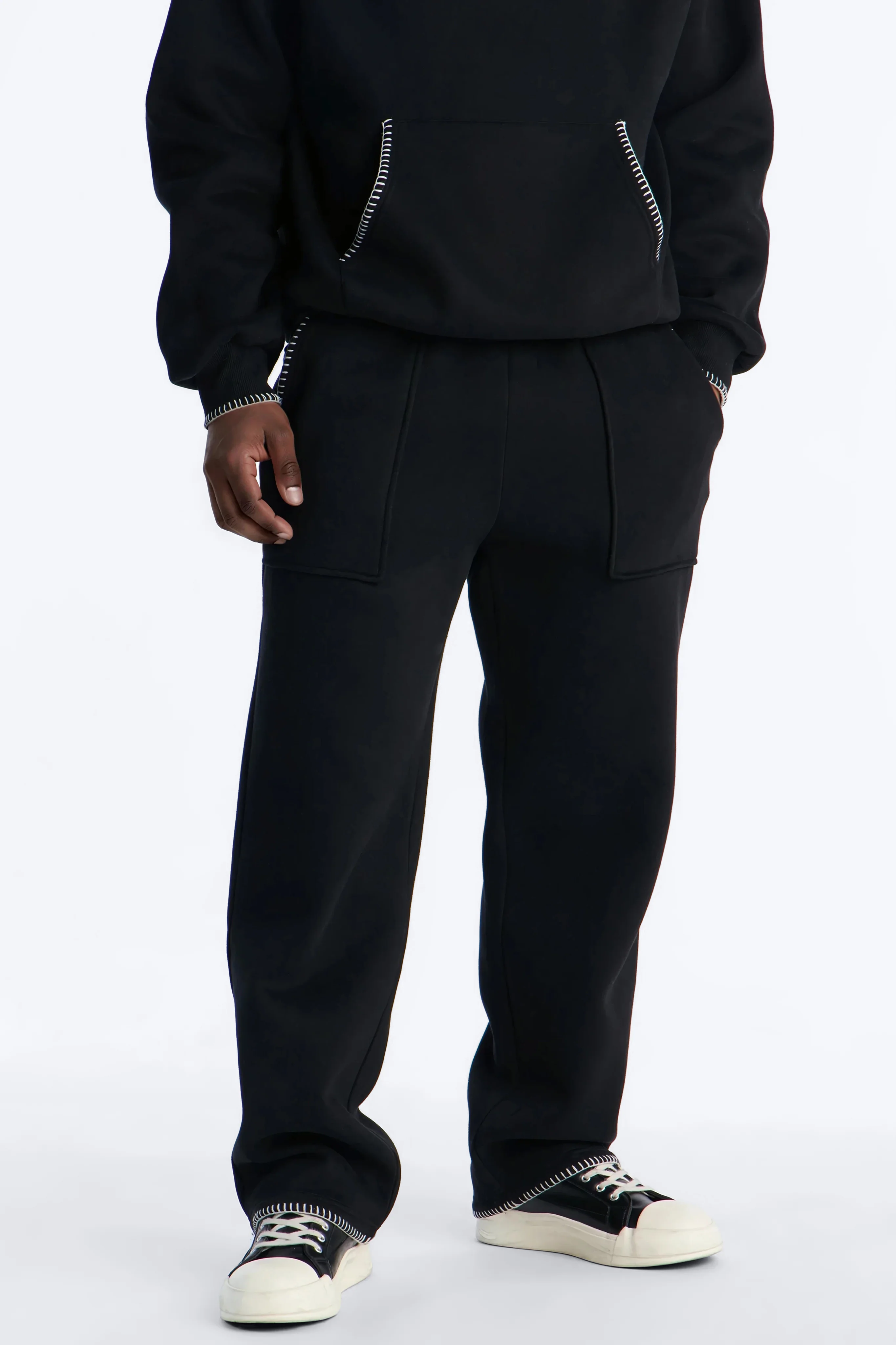 Straight Contrast Blanket Stitch Sweatpants - Black