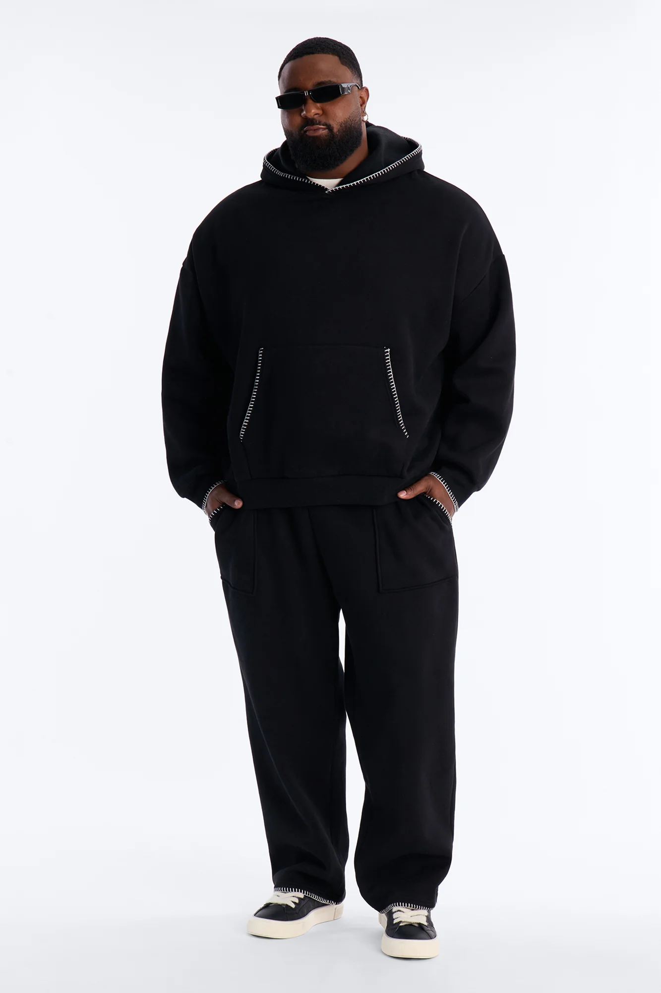 Straight Contrast Blanket Stitch Sweatpants - Black - Image 5