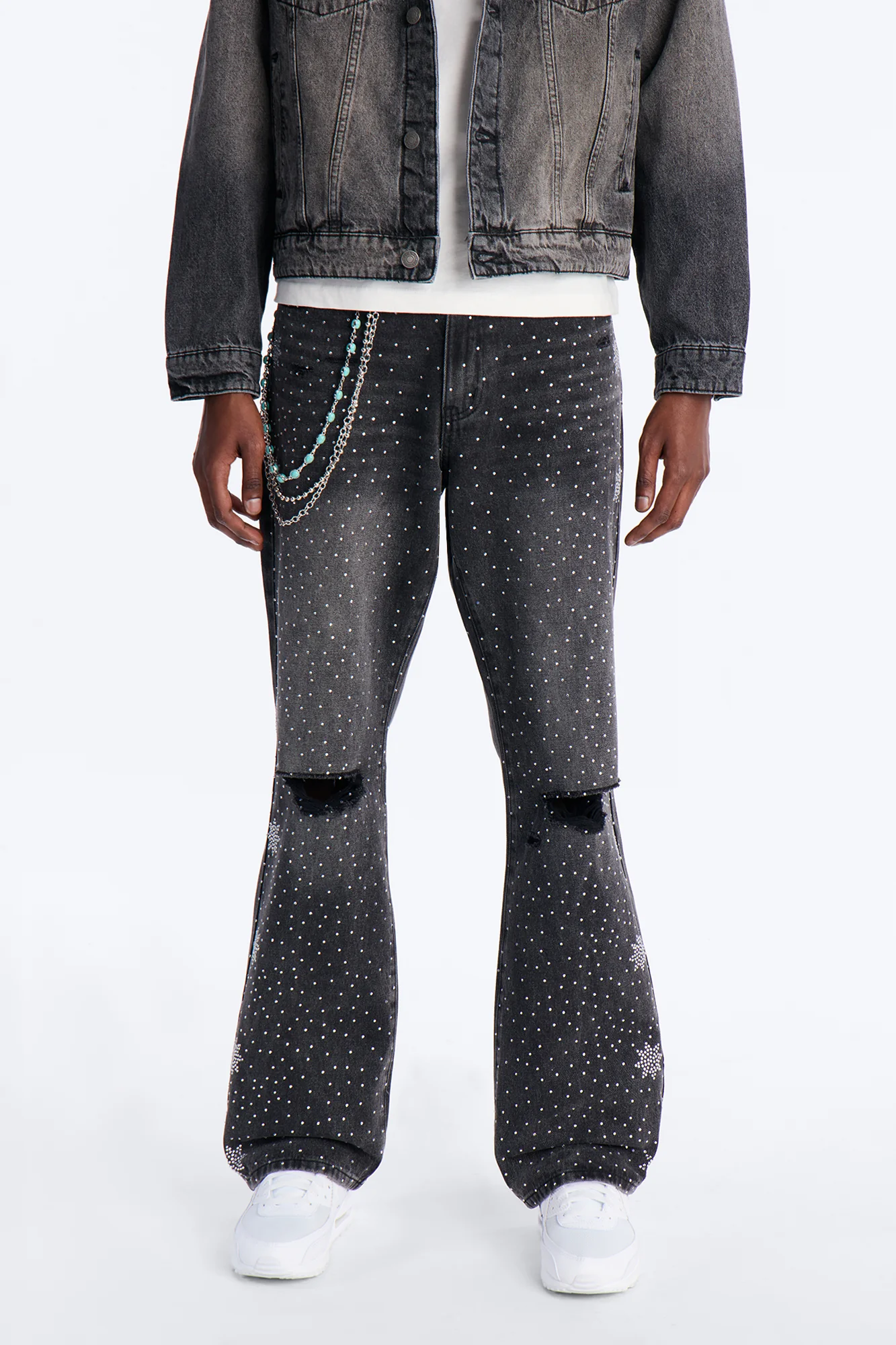 Straight Flare Static Drip Jeweled Jean - Black Wash