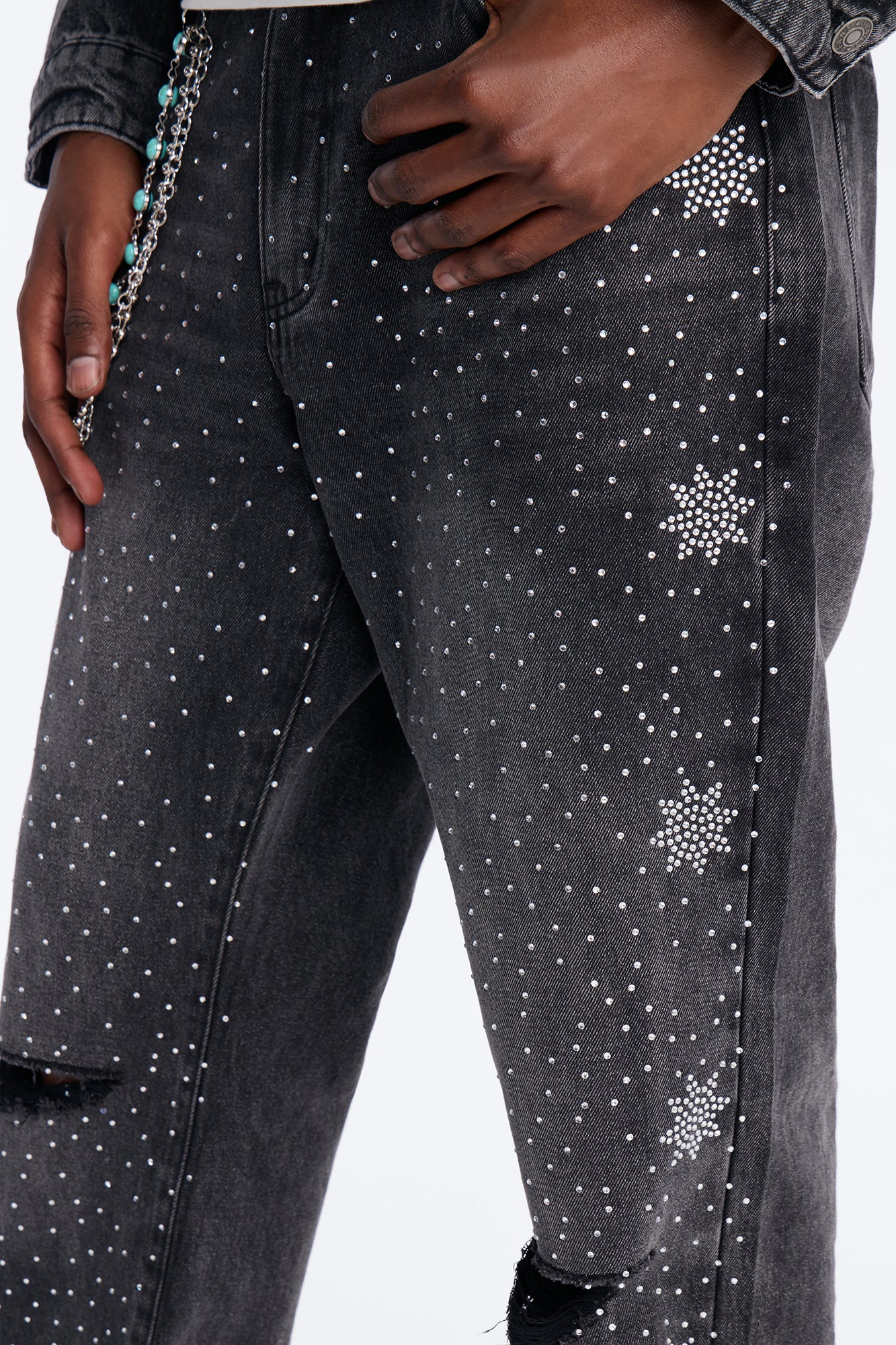 Straight Flare Static Drip Jeweled Jean - Black Wash - Image 4