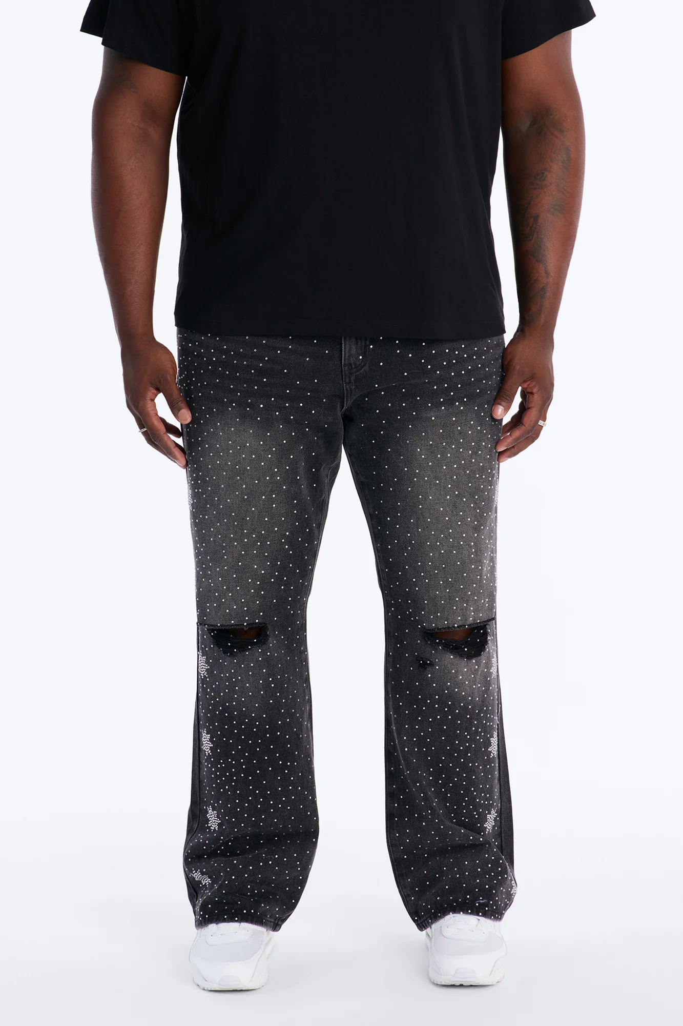 Straight Flare Static Drip Jeweled Jean - Black Wash - Image 6