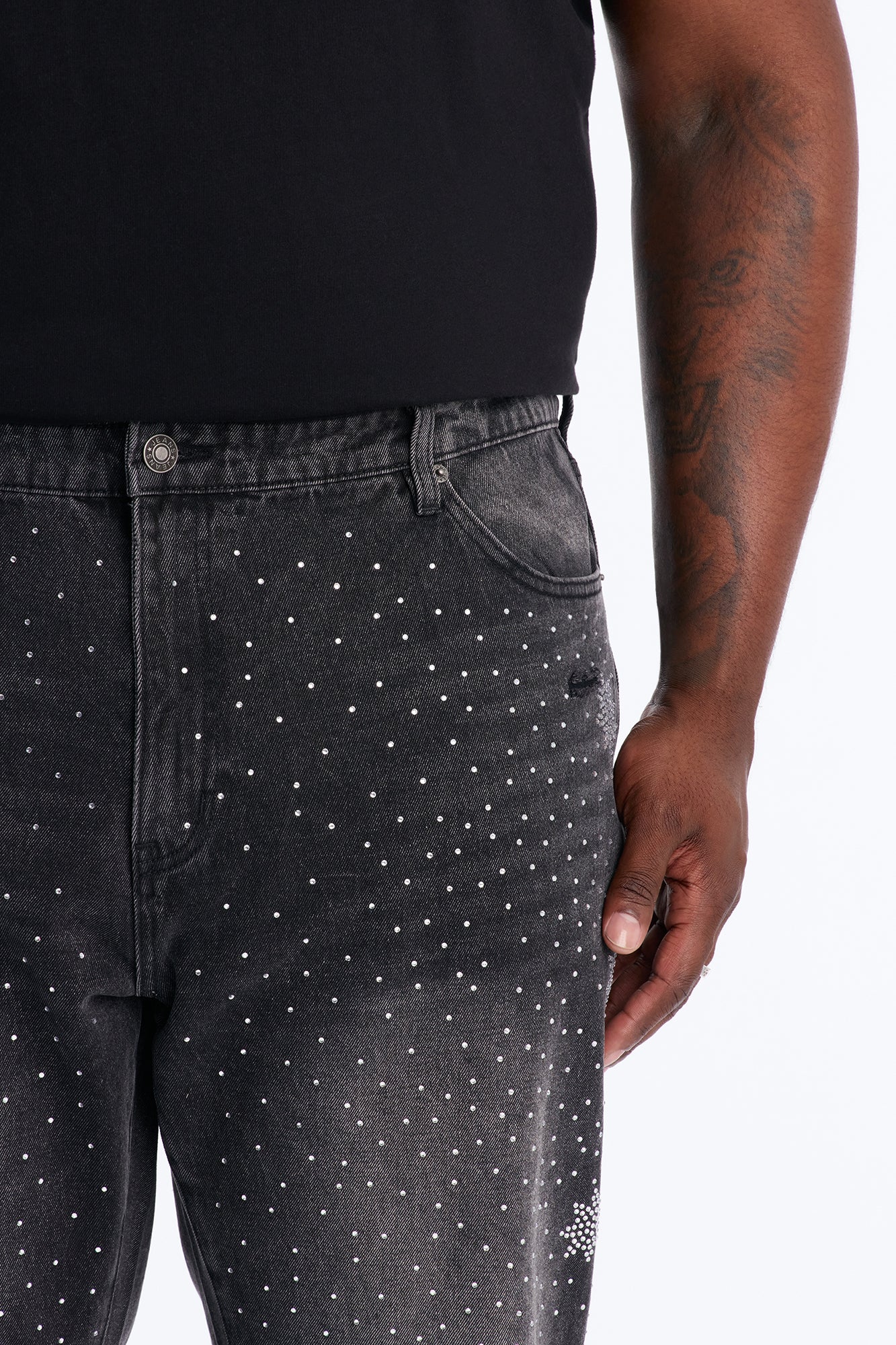 Straight Flare Static Drip Jeweled Jean - Black Wash - Image 8