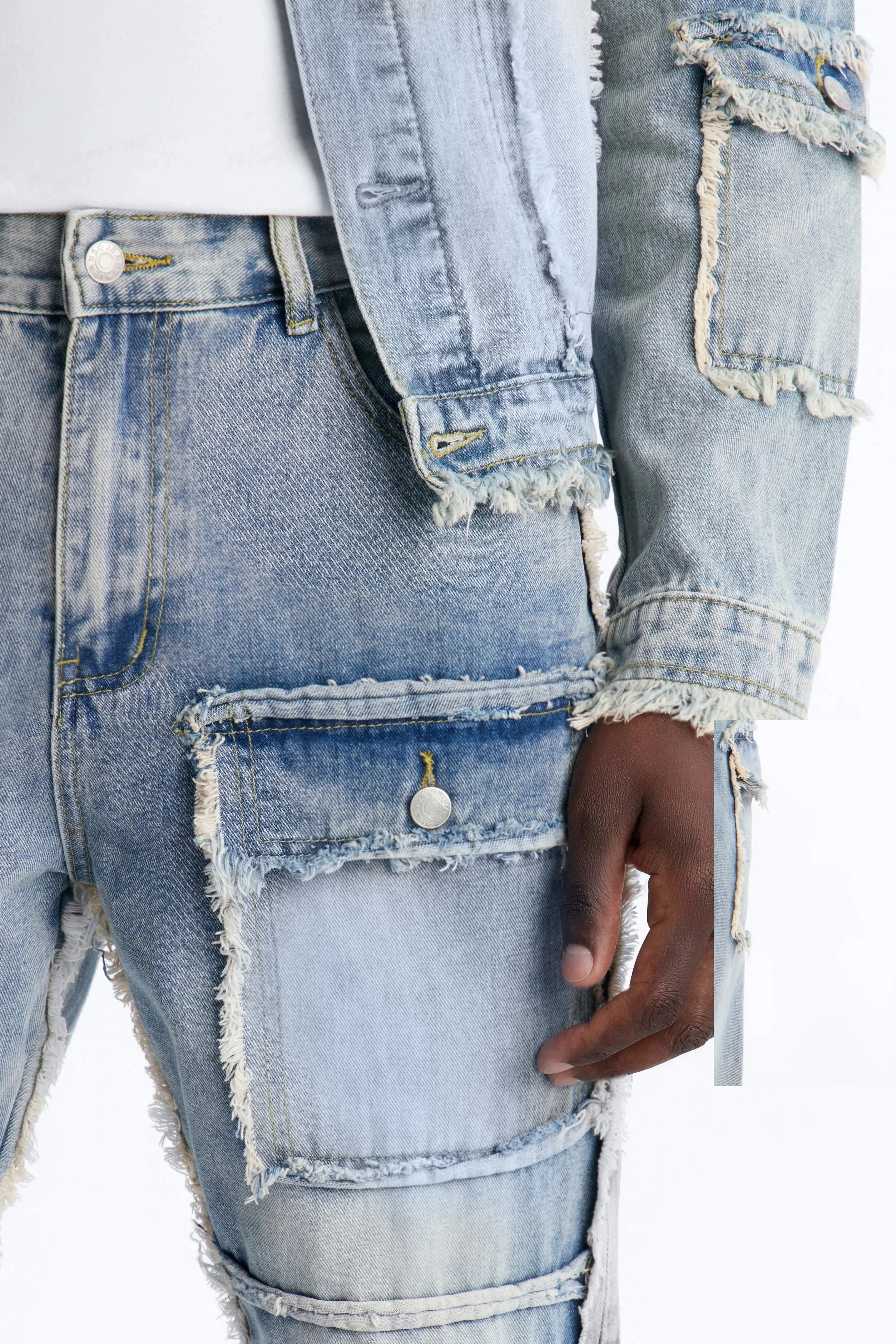 Straight Flare Tattered Cargo Jean - Light Wash - Image 3