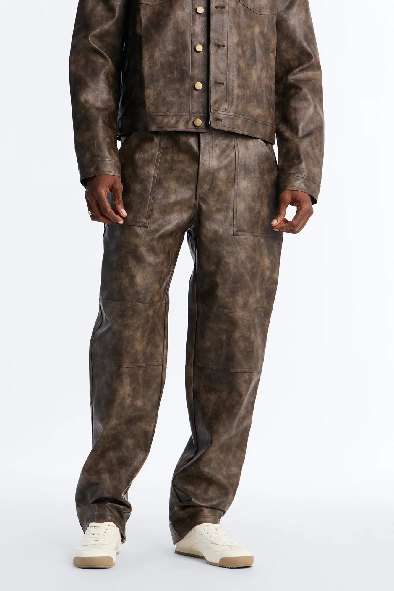 Straight Flared Stone Grained Faux Leather Zip Pant - Brown
