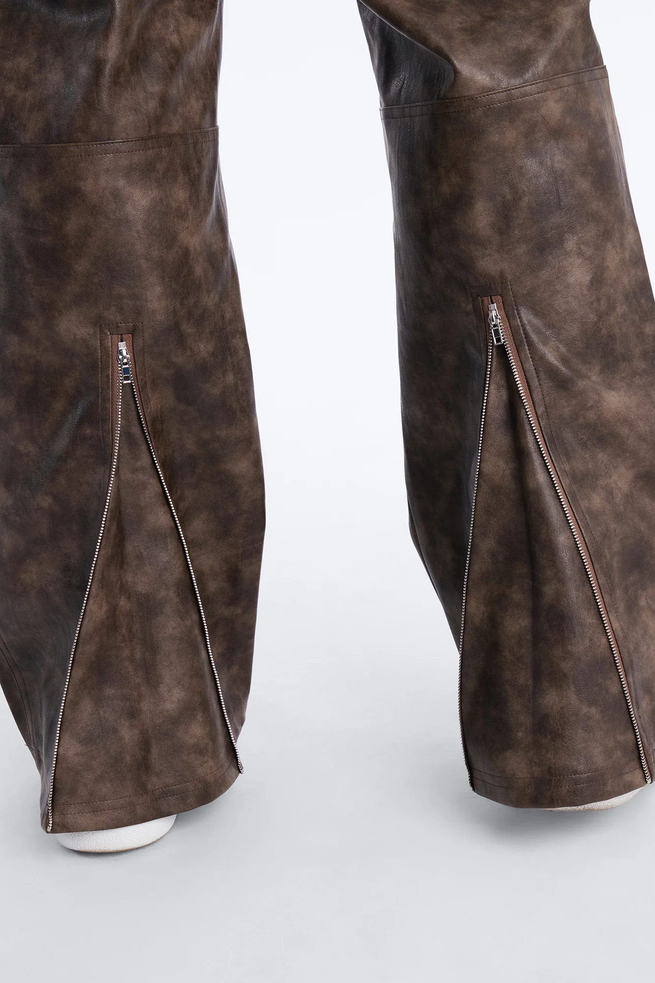 Straight Flared Stone Grained Faux Leather Zip Pant - Brown - Image 9