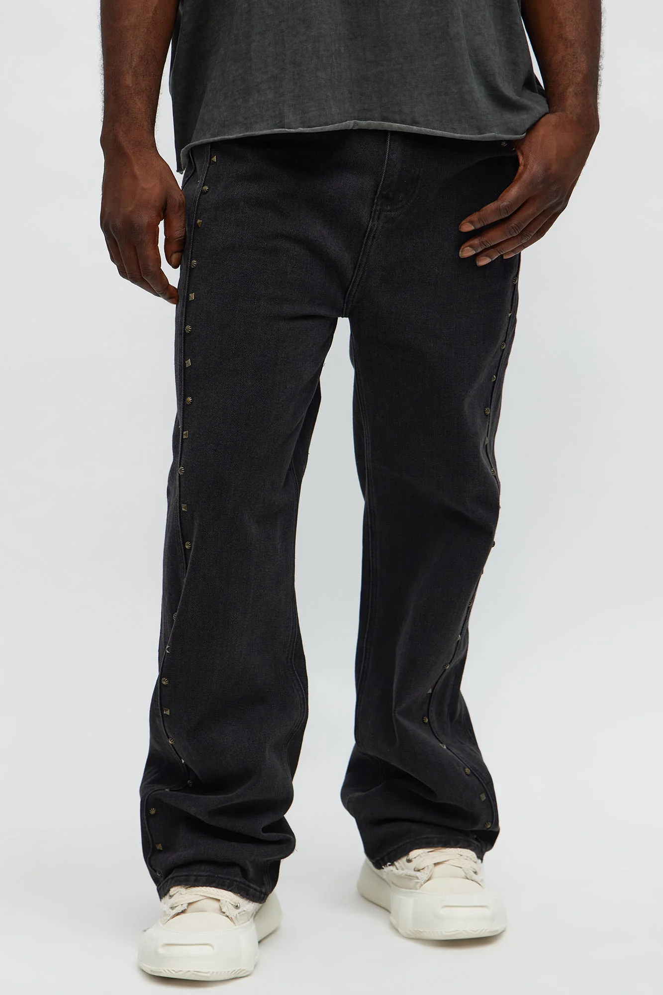 Straight Going Down Studded Jeans - Black Wash