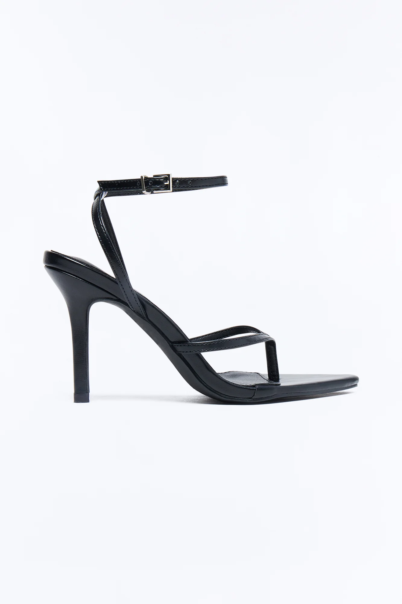 Strappy Ankle Wrap Thong Heels - Black