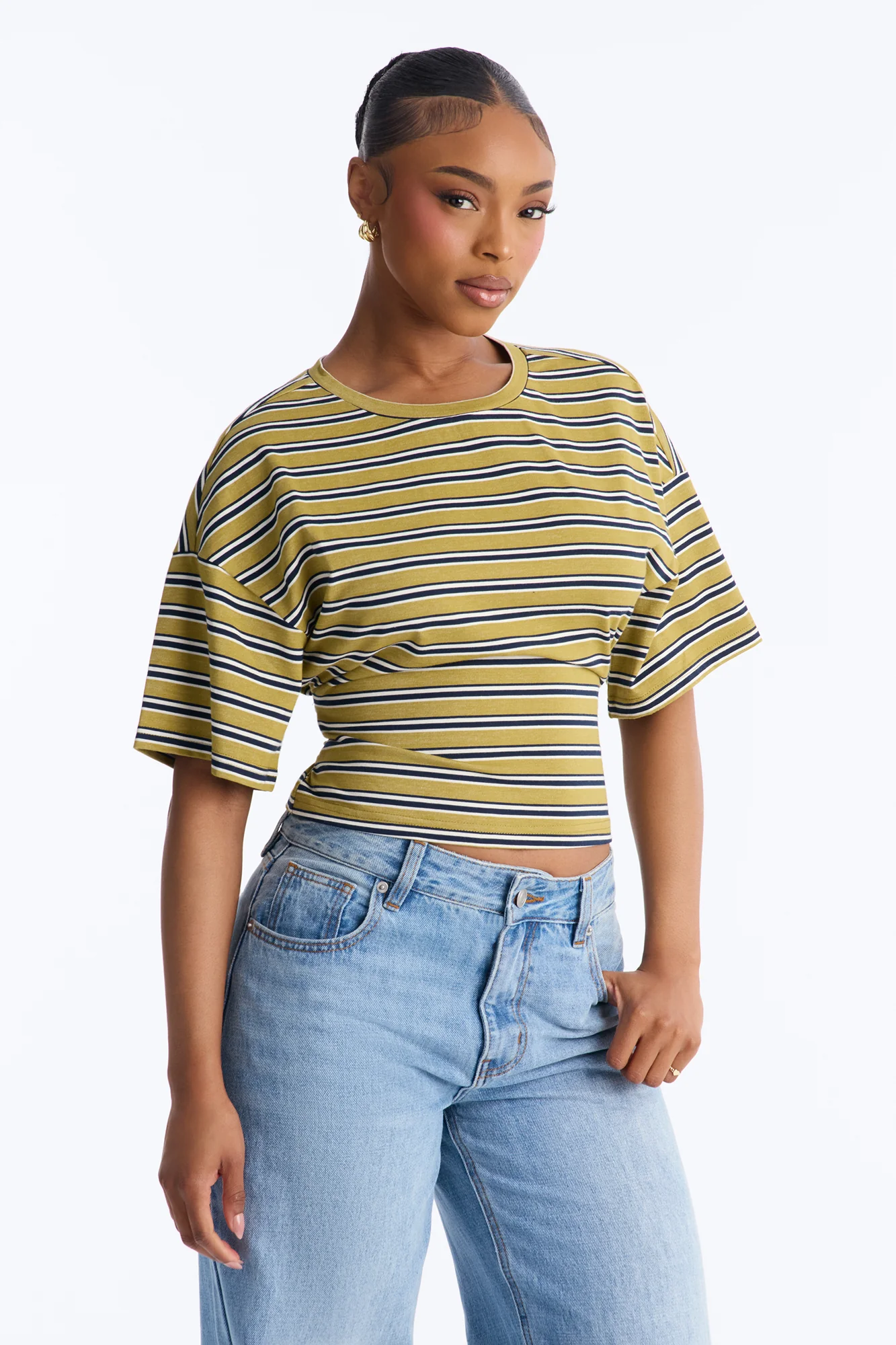 Street Ease Striped Sinched Waist T-Shirt - Green/combo - Image 3
