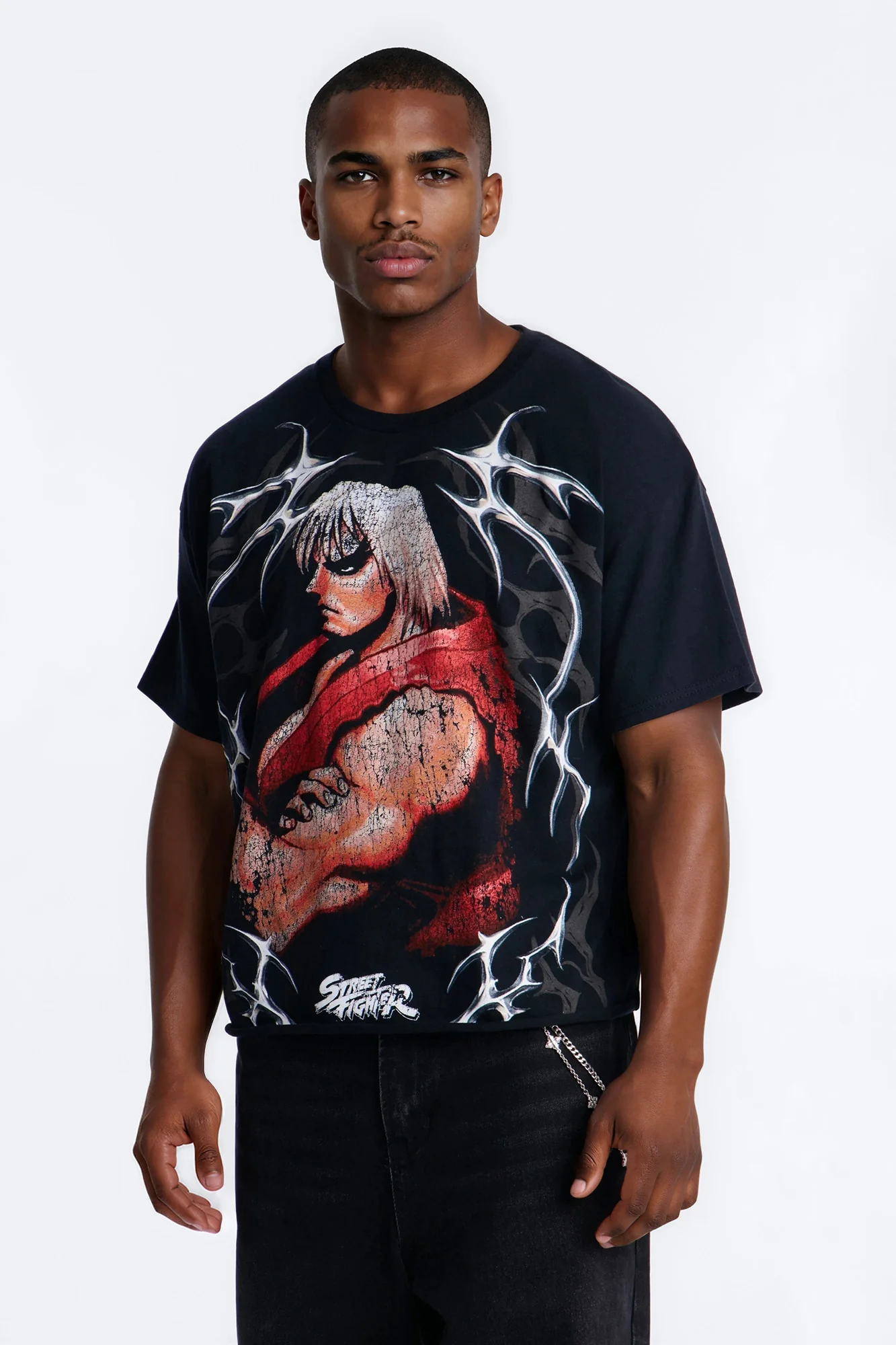 Street Fighter Ken Fiery Style Boxy Short Sleeve Tee - Black