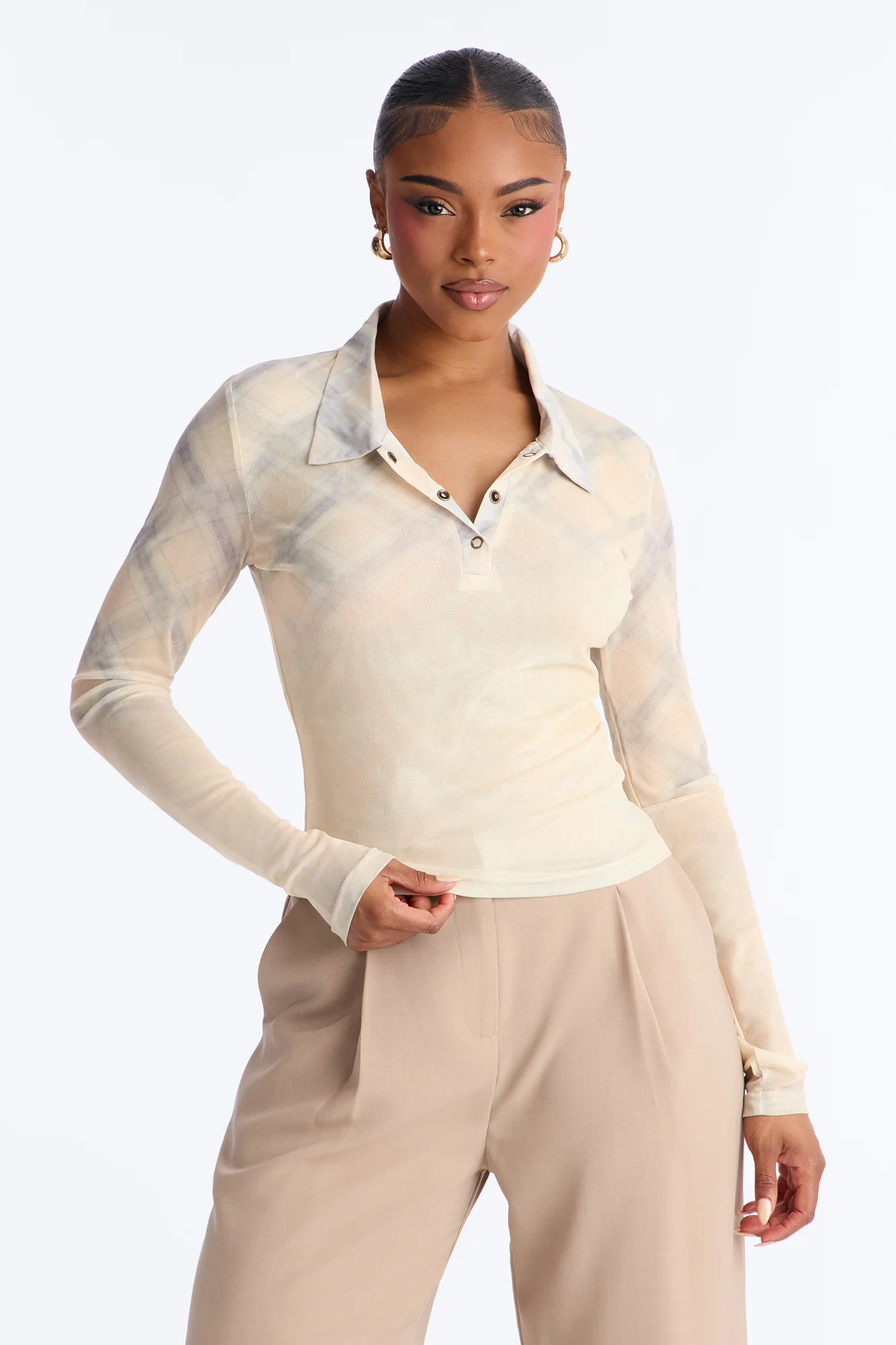 Street Grid Plaid Mesh Collar Long Sleeve Top - Yellow/combo