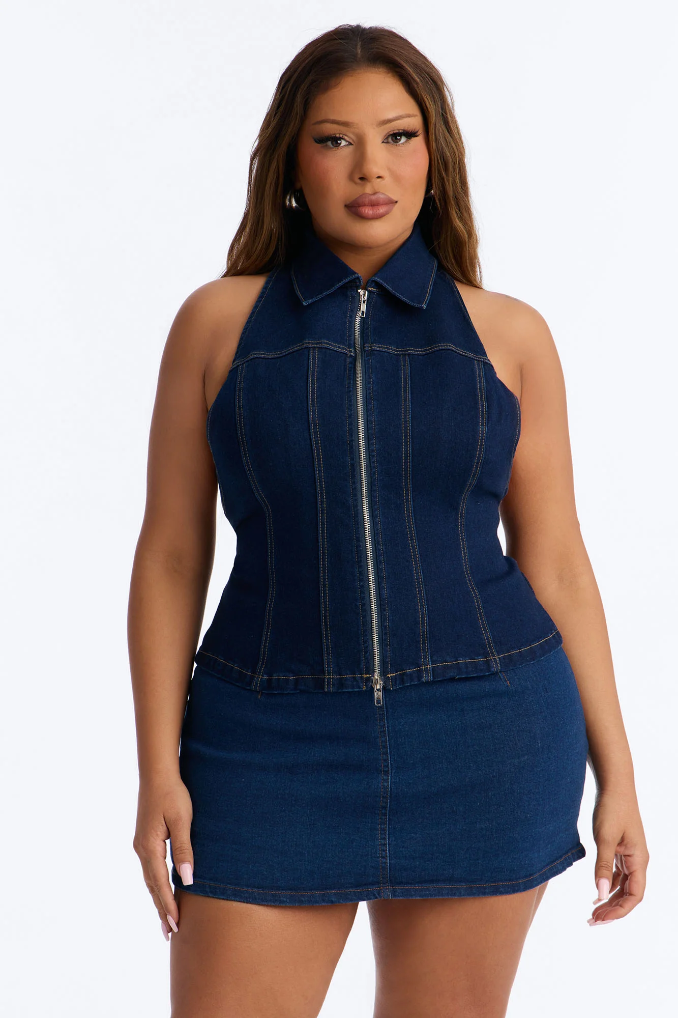 Street Smart Front Zip Denim Halter Top - Dark Wash - Image 5