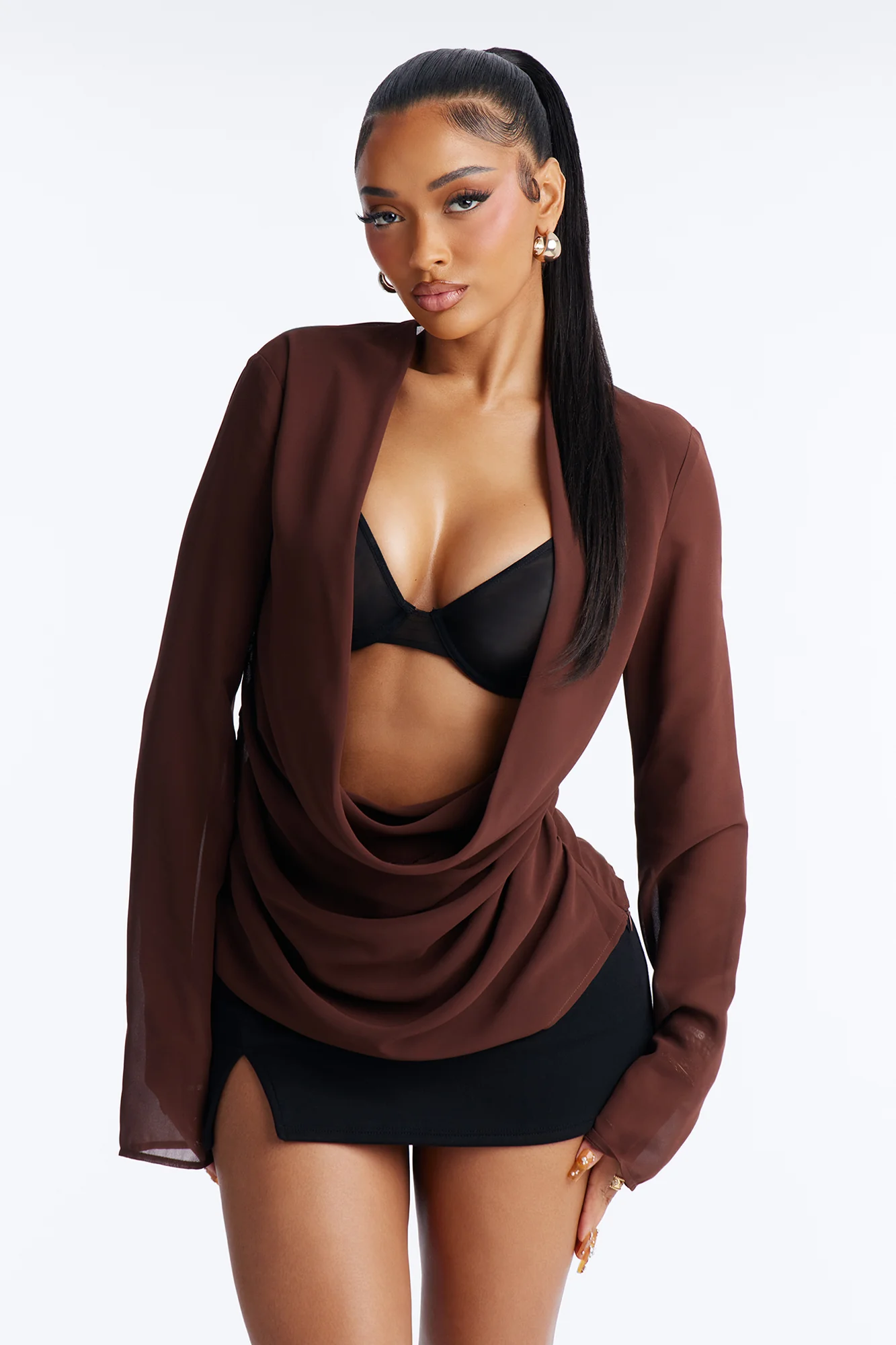 Stuck In A Dream Cowl Neck Chiffon Blouse - Brown