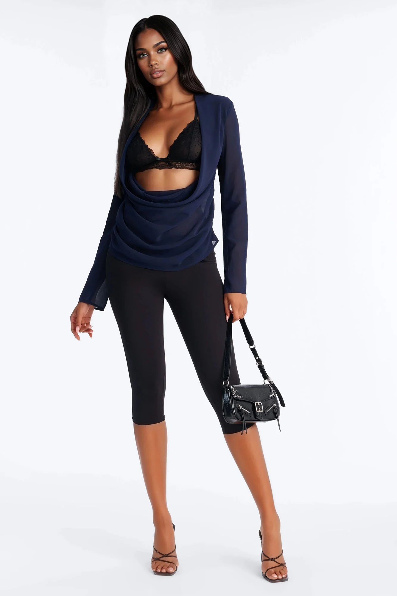 Stuck In A Dream Cowl Neck Chiffon Blouse - Navy - Image 2
