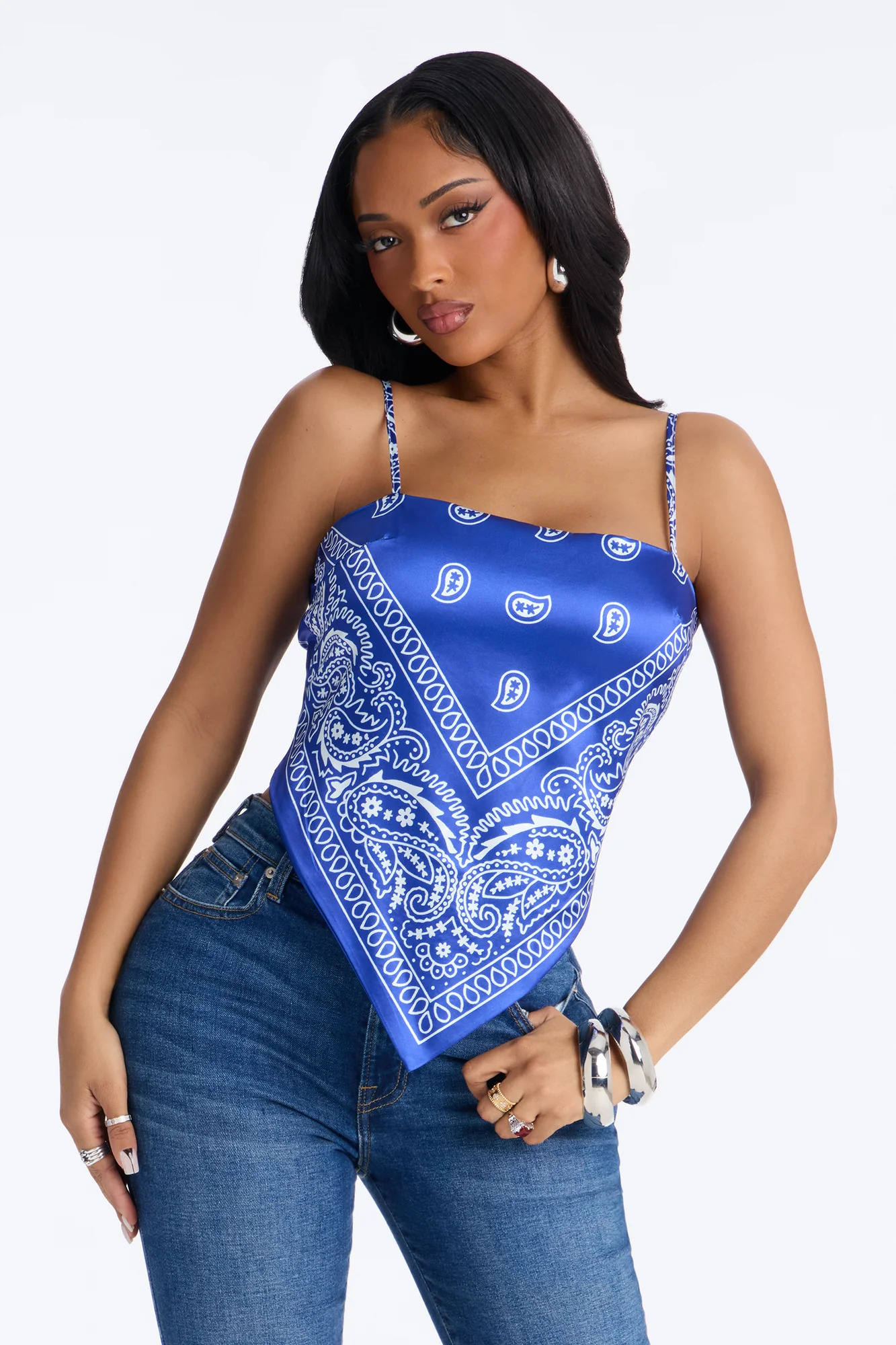 Stuck On You Paisley Satin Tie Back Bandana Top - Blue/combo - Image 3