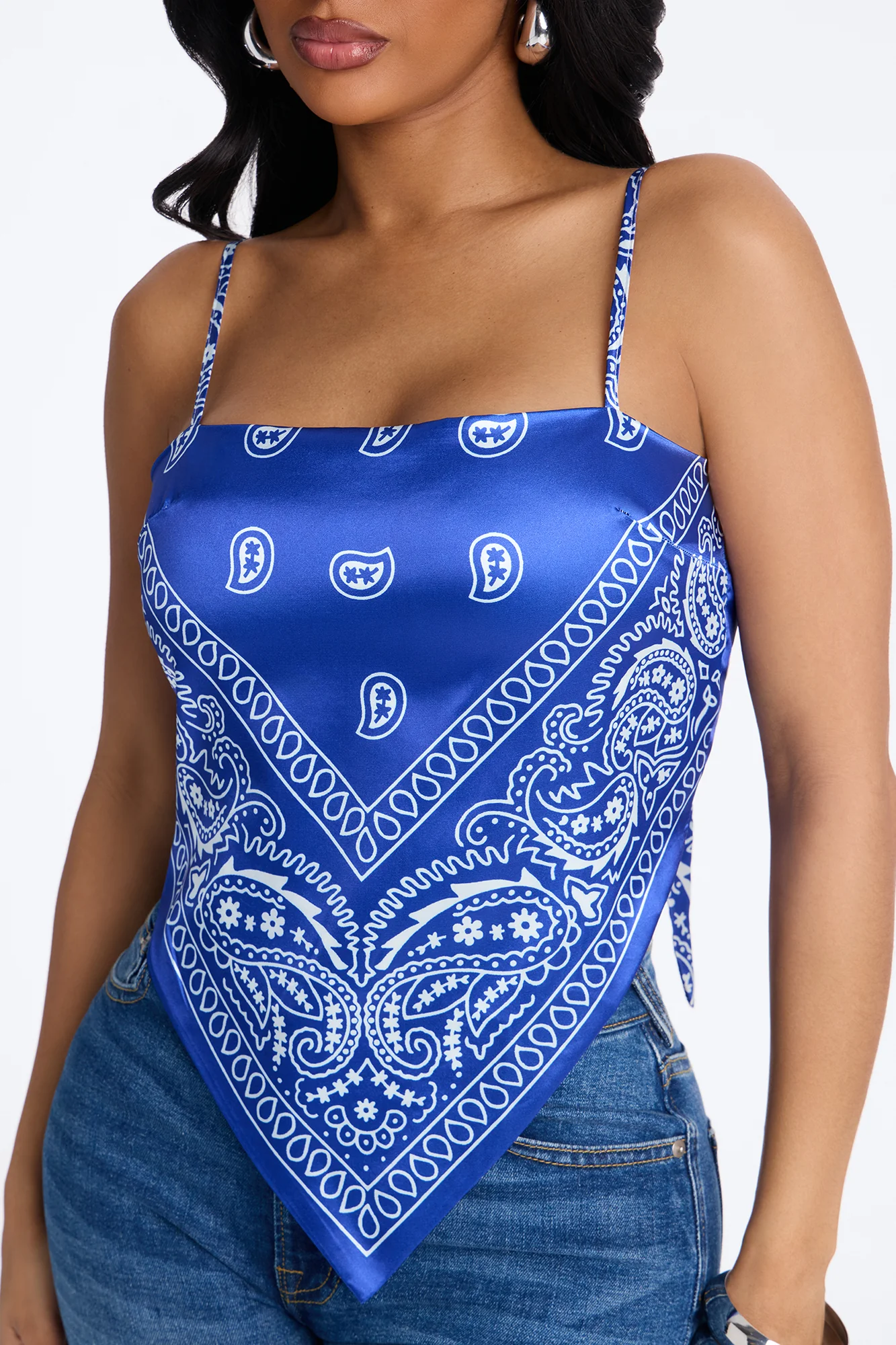 Stuck On You Paisley Satin Tie Back Bandana Top - Blue/combo - Image 4