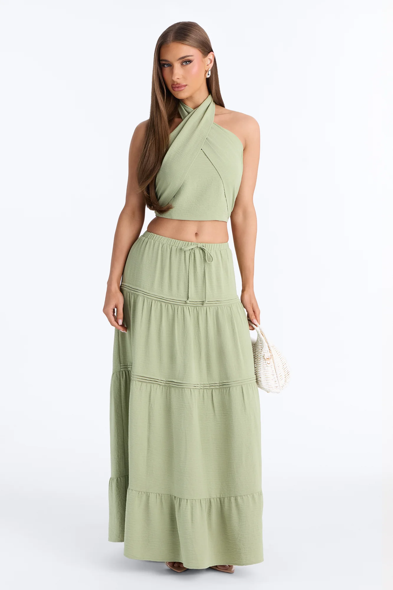 Subtle Attraction Halter Maxi Skirt Set - Sage