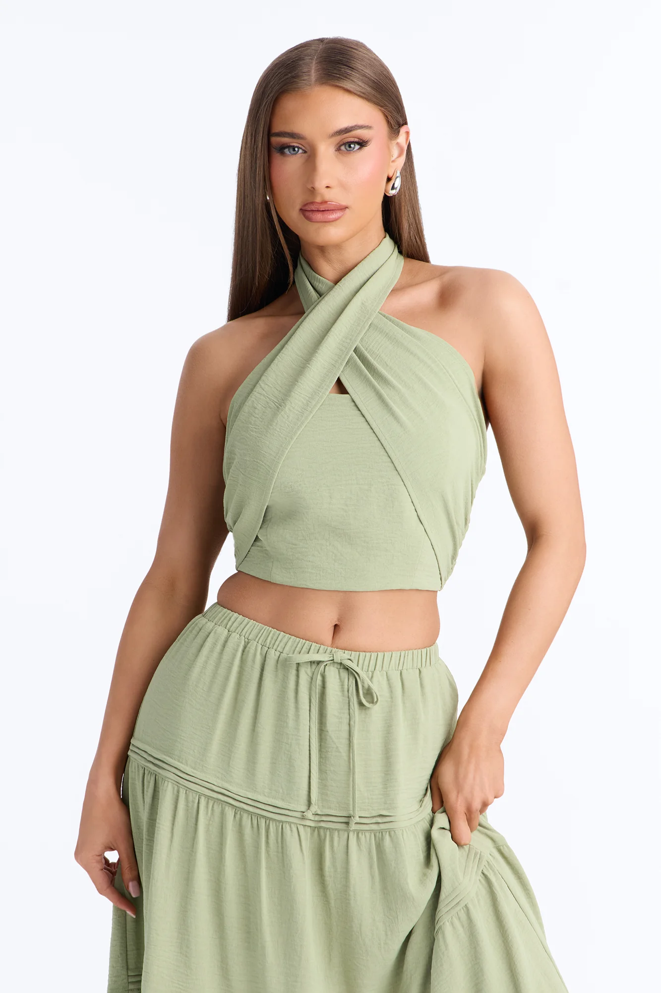 Subtle Attraction Halter Maxi Skirt Set - Sage - Image 2