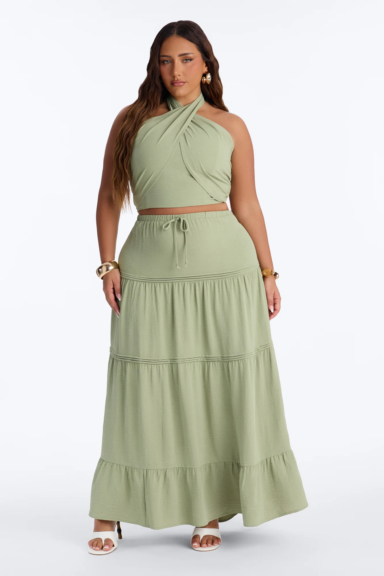 Subtle Attraction Halter Maxi Skirt Set - Sage - Image 4