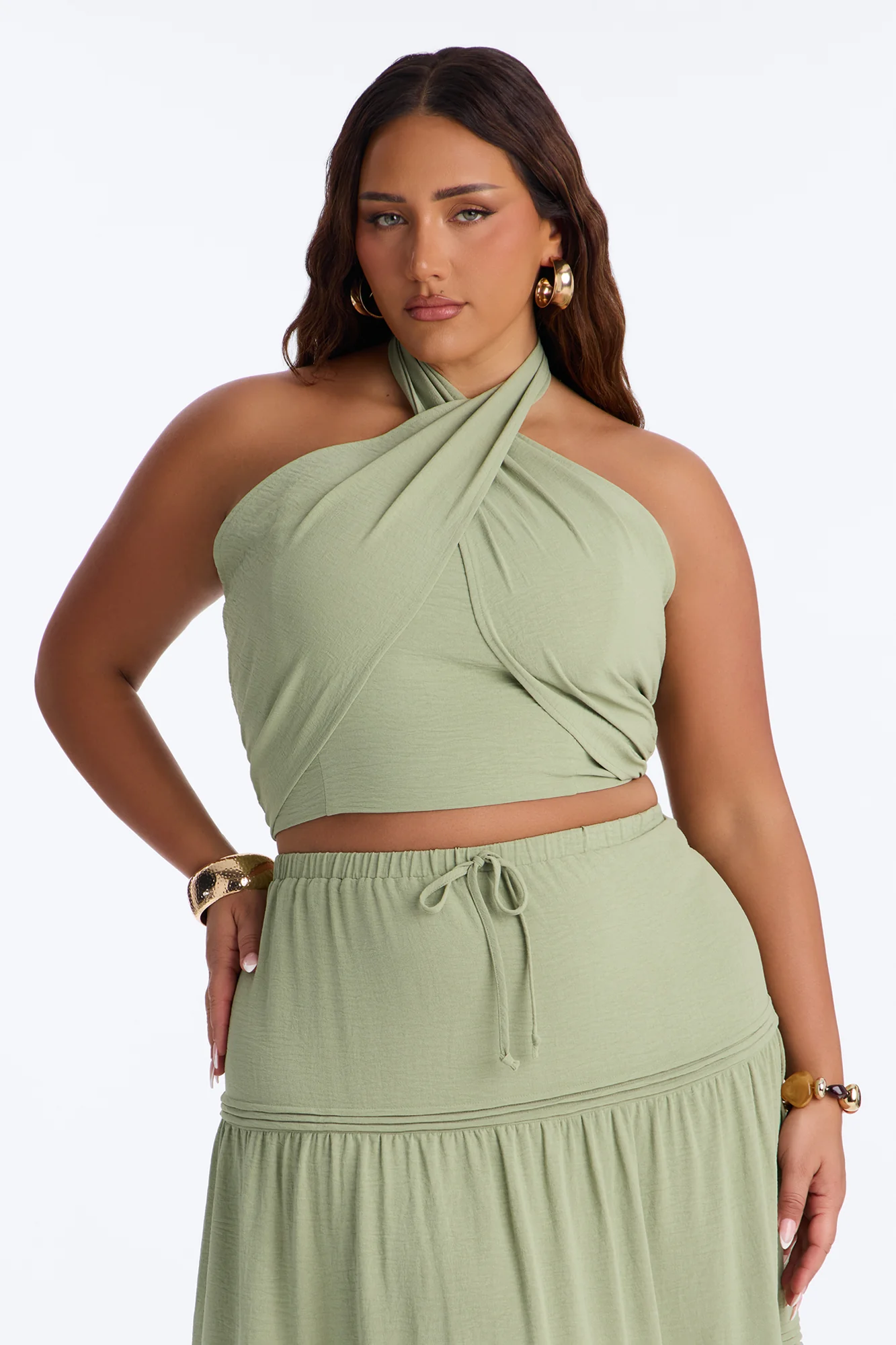 Subtle Attraction Halter Maxi Skirt Set - Sage - Image 5