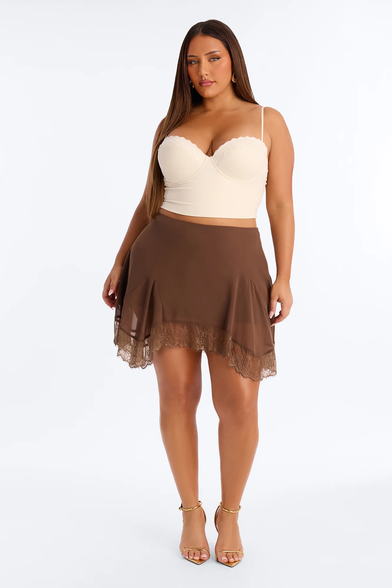Sue Ellen Lace Trim Flowy Mini Skirt - Brown - Image 5