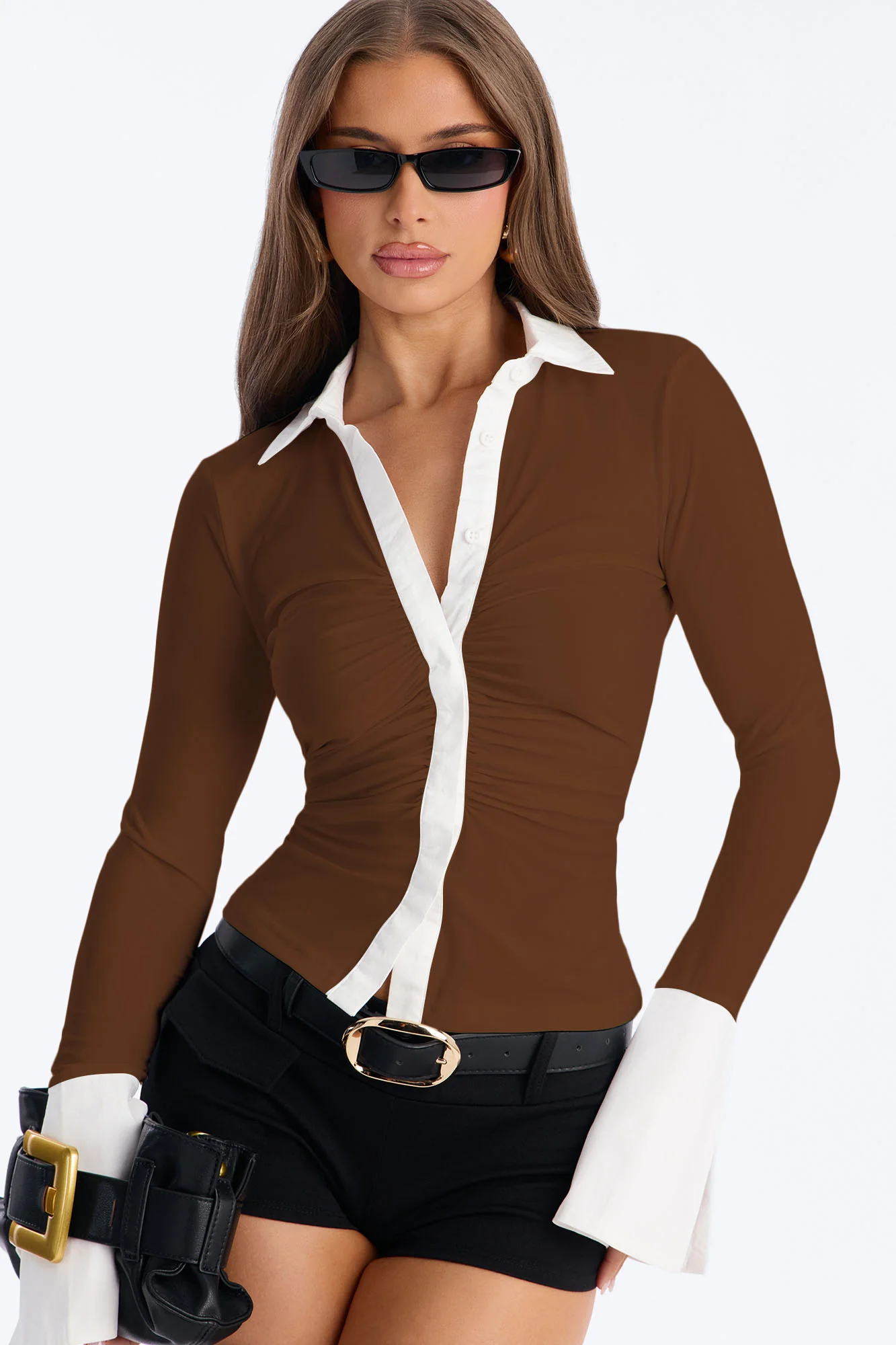 Sue Long Sleeve Button Up Shirt - Brown/combo