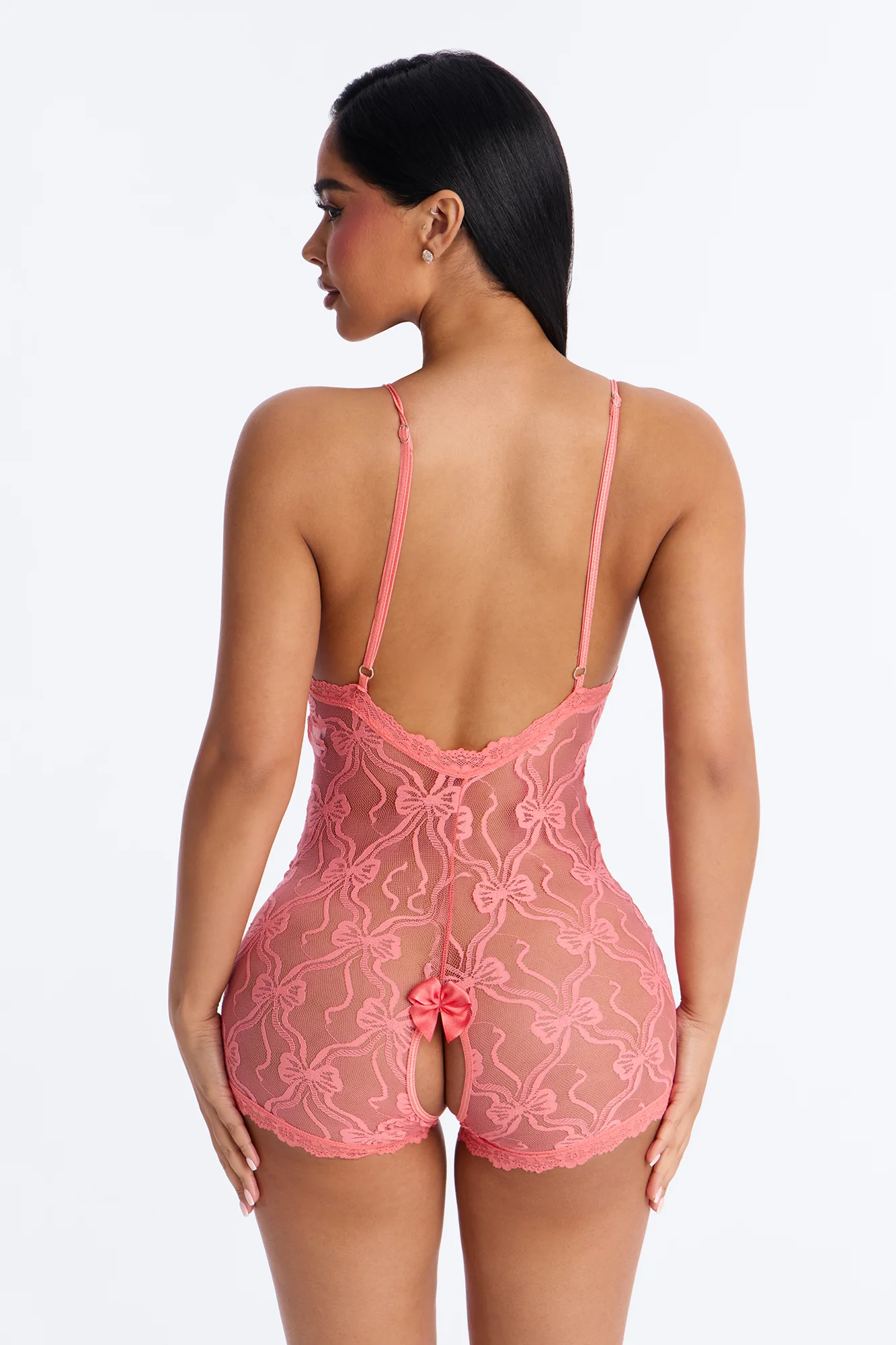 Sugar Kiss Crotchless Lace Romper Bodystocking - Coral - Image 4