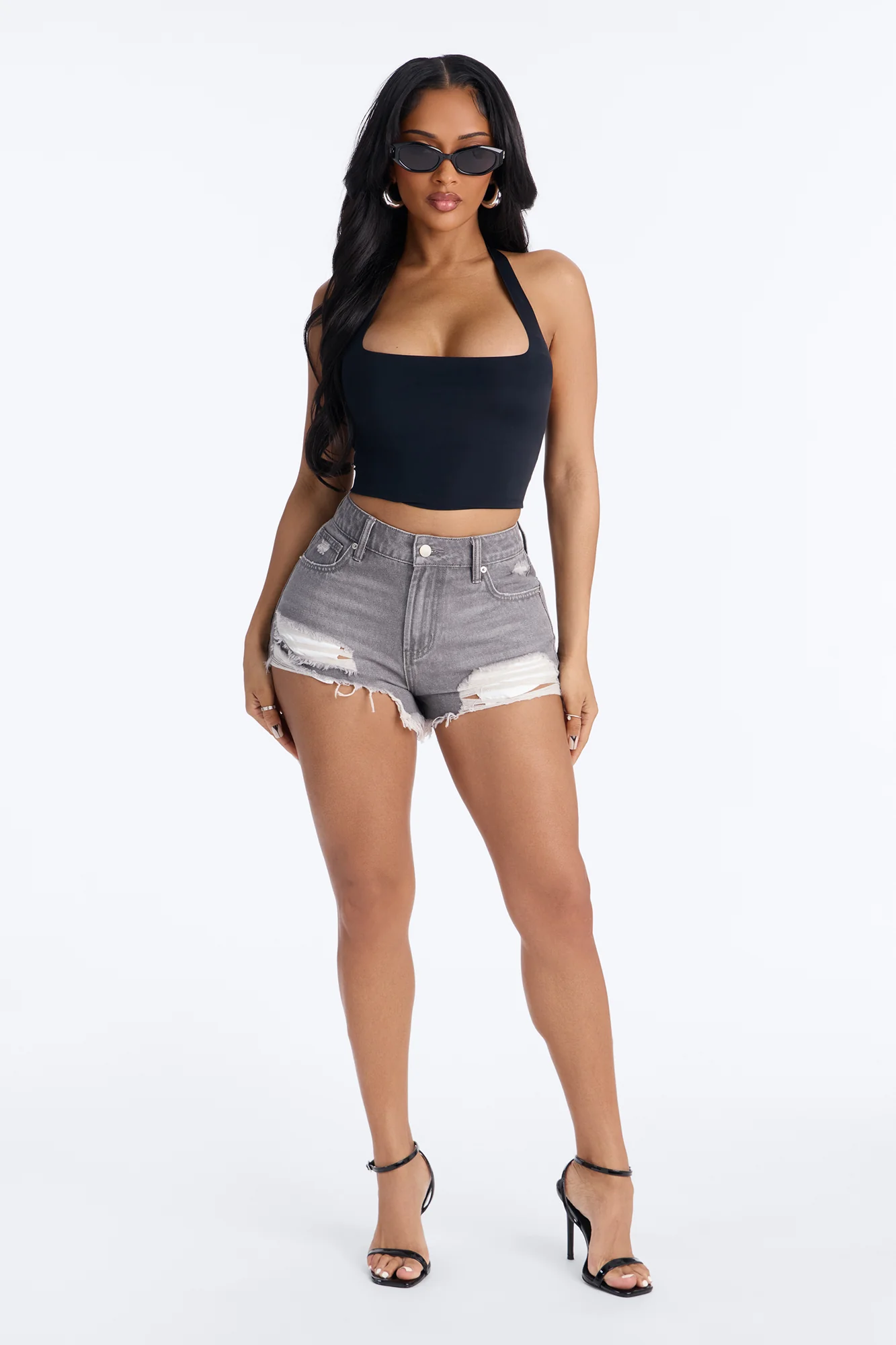 Summer Break Ripped Cut Off Denim Shorts - Grey - Image 3