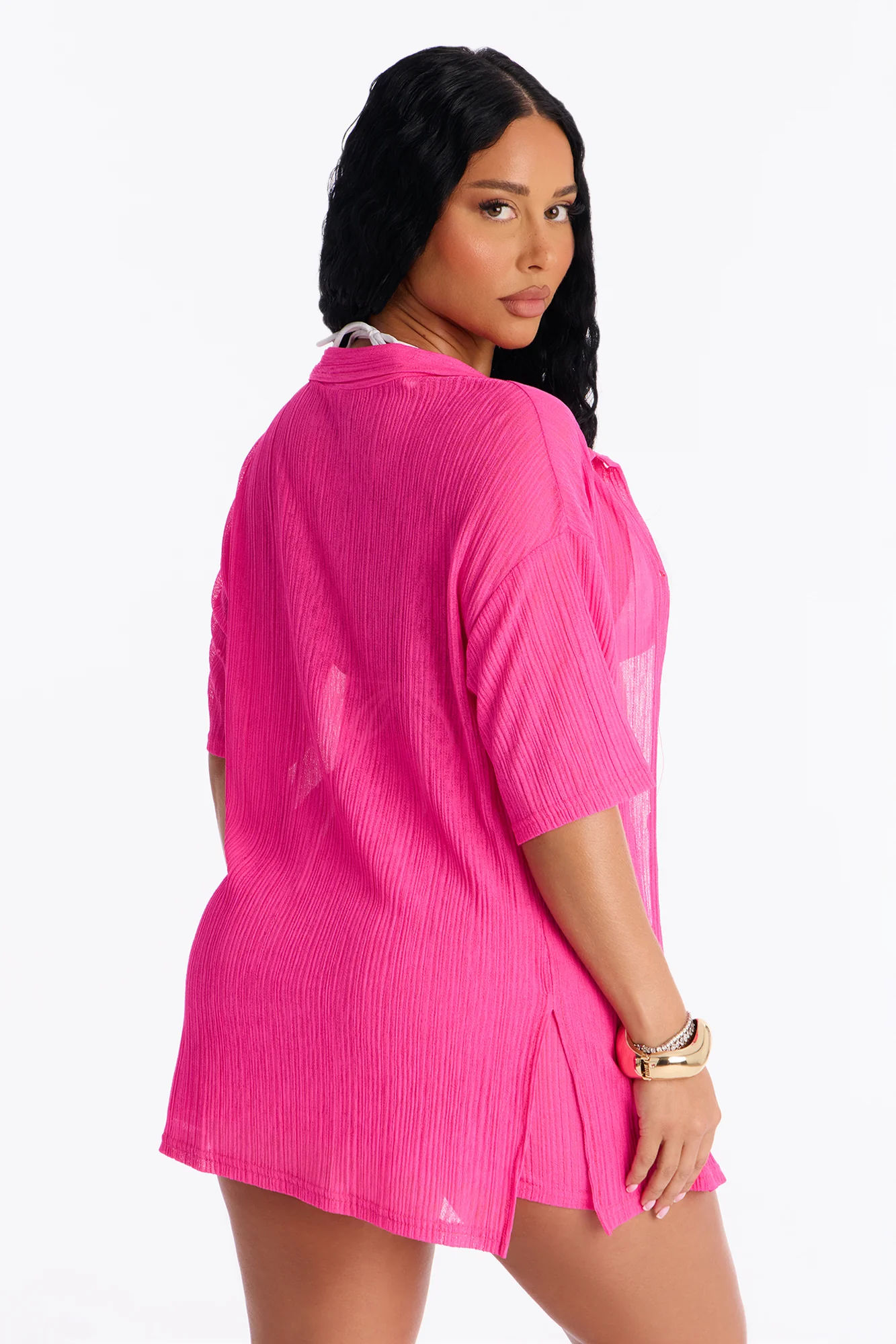 Summer Breeze Button Up Cover Up Shorts Set - Pink - Image 3