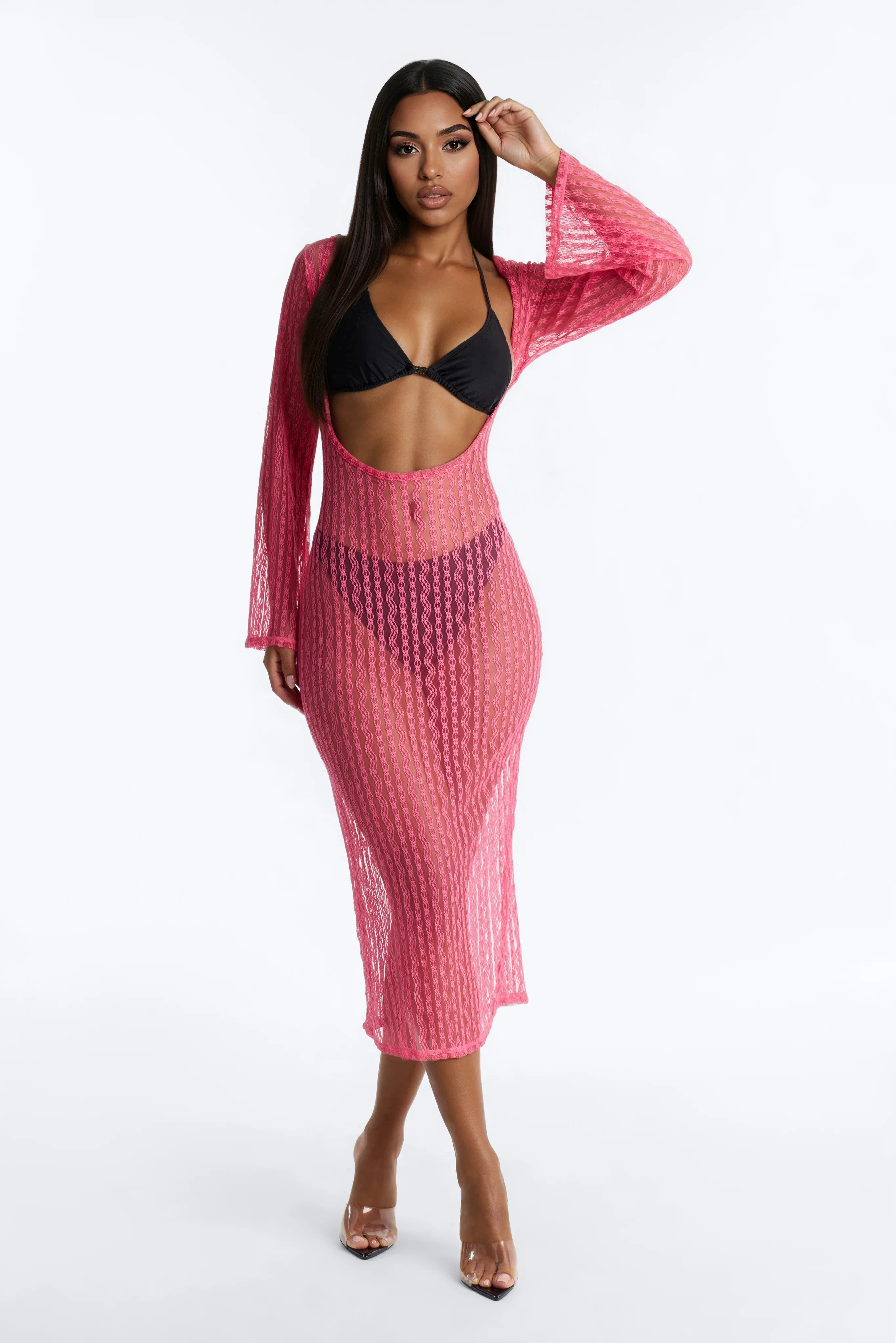 Summer Fling Stripe Lace Scoop Cover Up Maxi Dress - Hot Pink