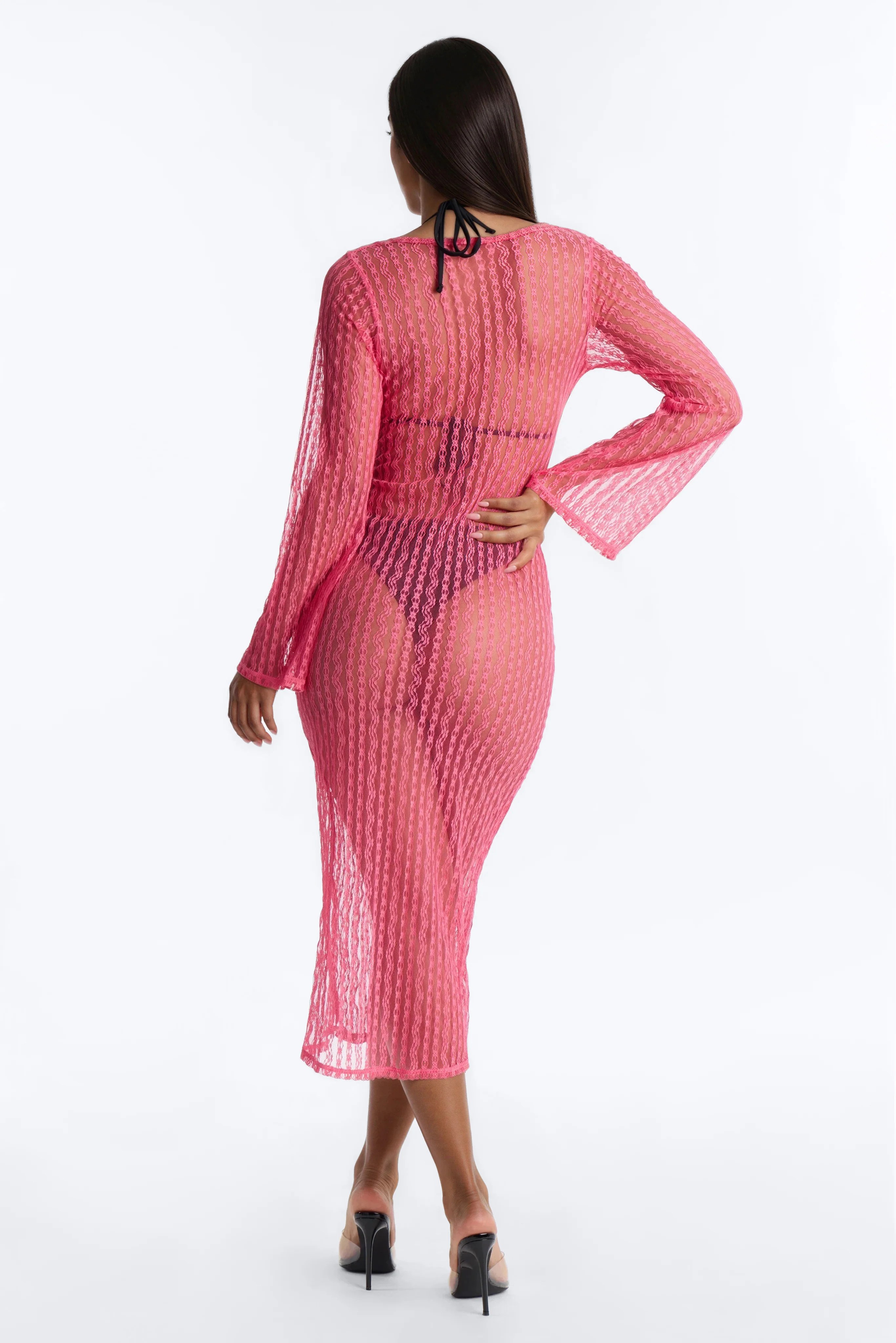 Summer Fling Stripe Lace Scoop Cover Up Maxi Dress - Hot Pink - Image 4