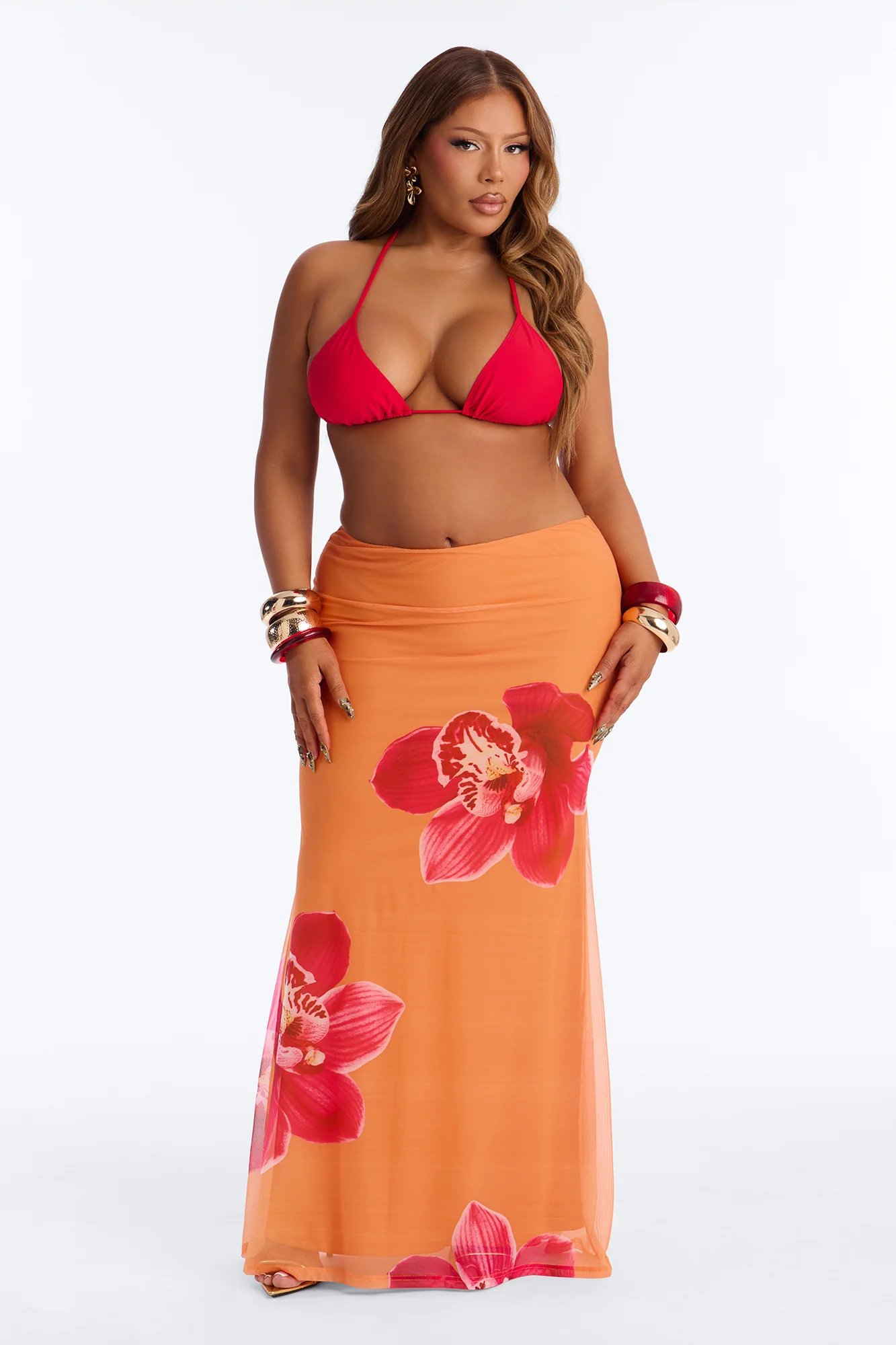 Summer Floral Mesh Maxi Skirt - Orange/combo - Image 5
