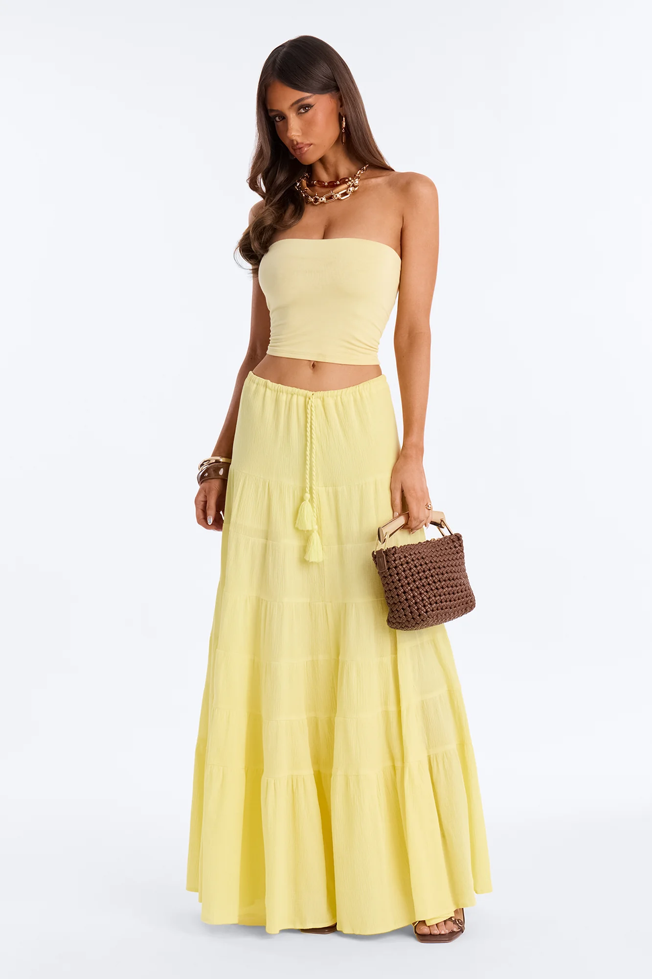 Summer Haze Tiered Rope Tie Waist Maxi Skirt - Butter Yellow