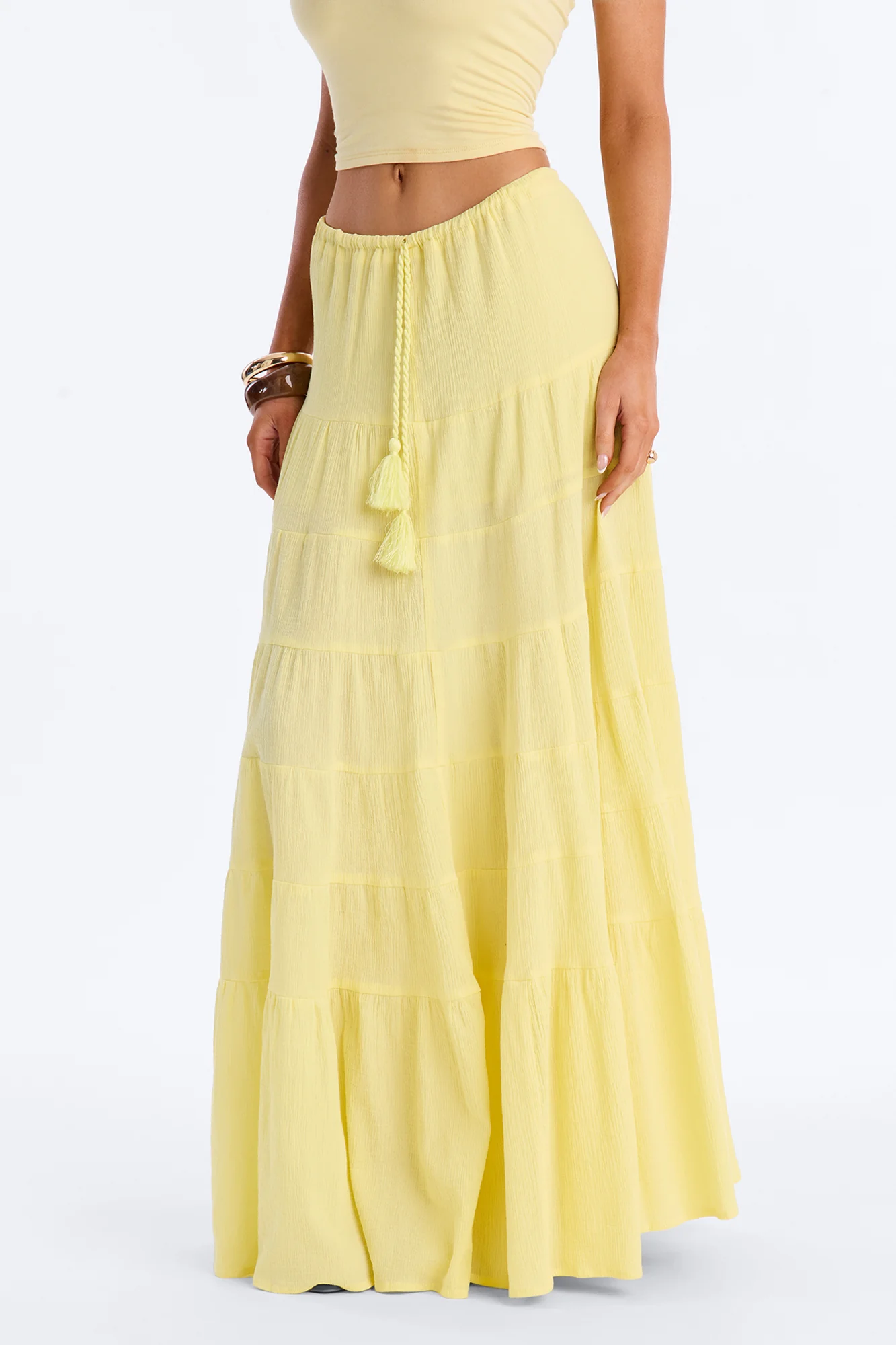Summer Haze Tiered Rope Tie Waist Maxi Skirt - Butter Yellow - Image 2