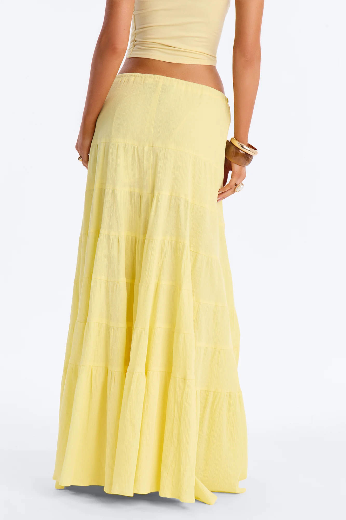 Summer Haze Tiered Rope Tie Waist Maxi Skirt - Butter Yellow - Image 4