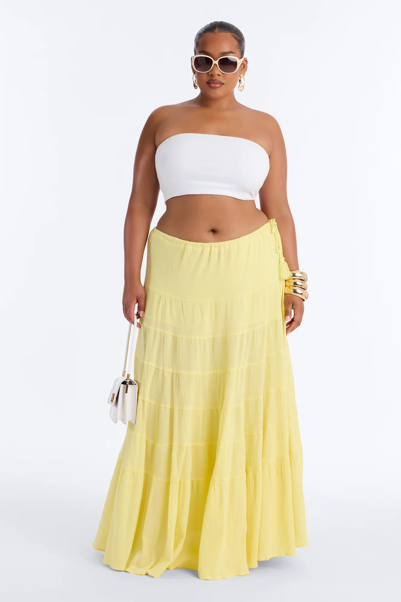 Summer Haze Tiered Rope Tie Waist Maxi Skirt - Butter Yellow - Image 5