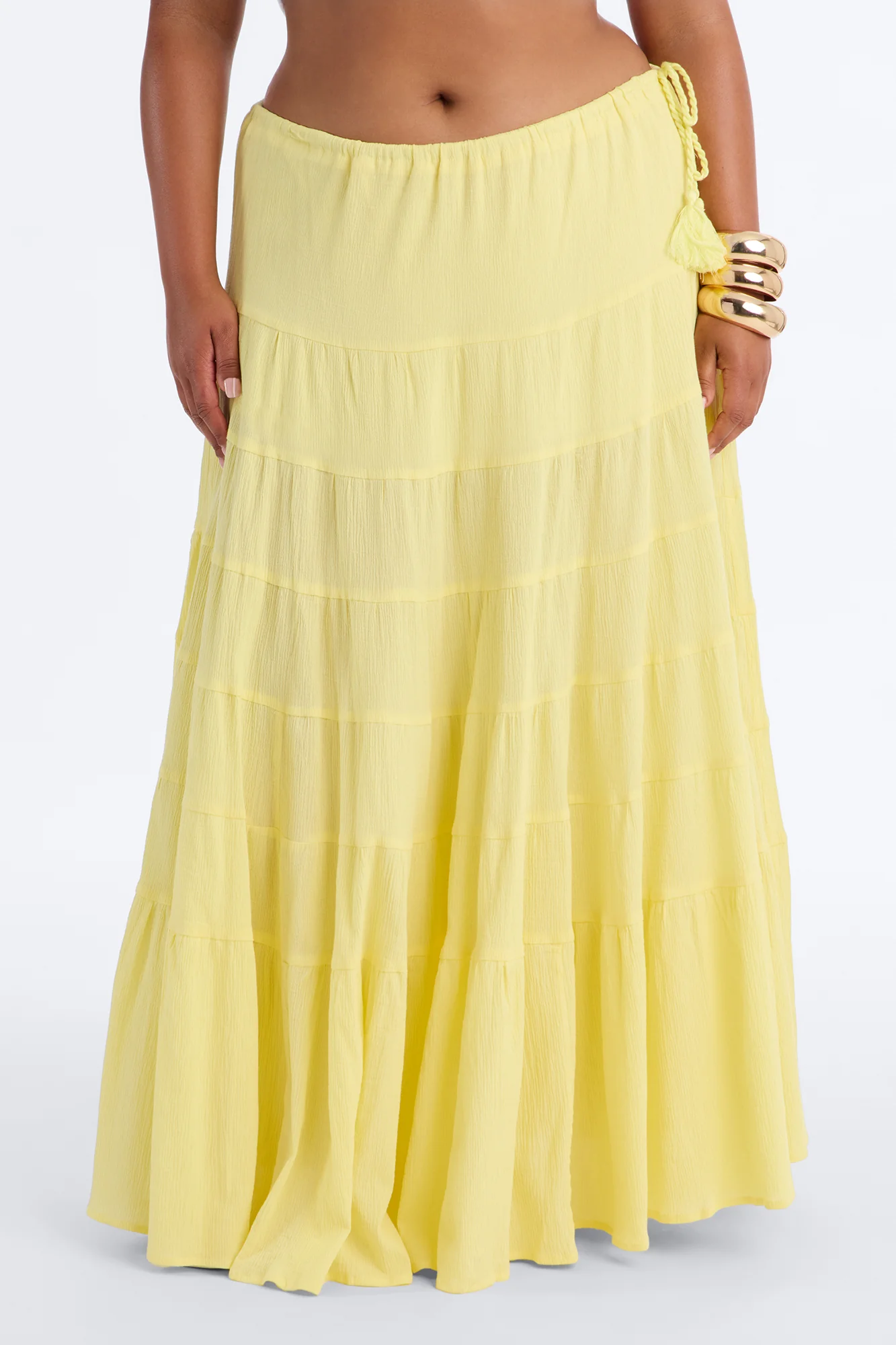 Summer Haze Tiered Rope Tie Waist Maxi Skirt - Butter Yellow - Image 6