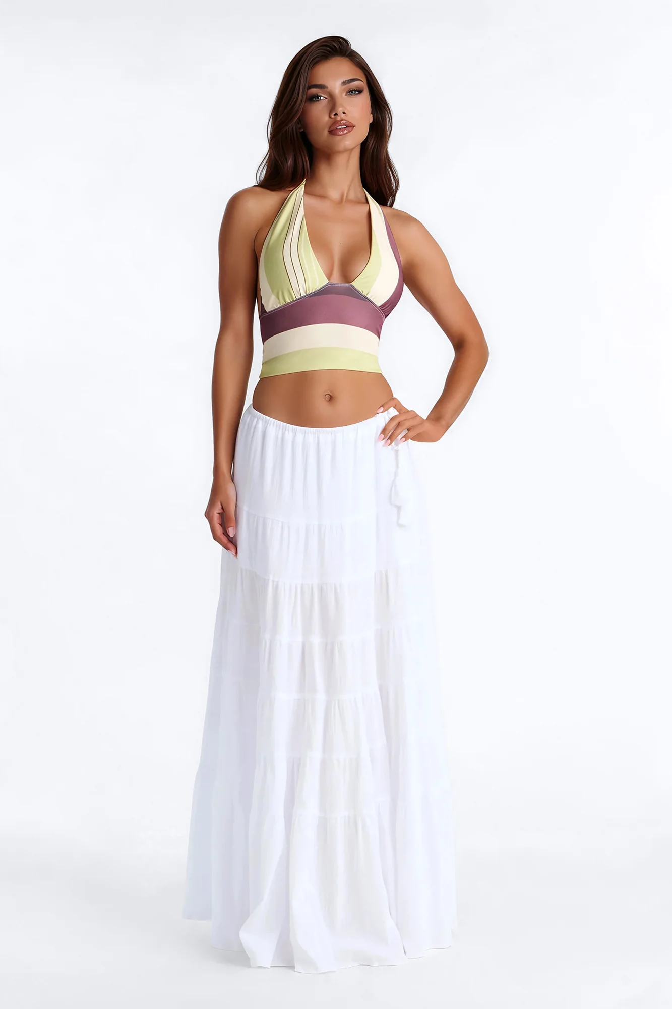 Summer Haze Tiered Rope Tie Waist Maxi Skirt - White - Image 2