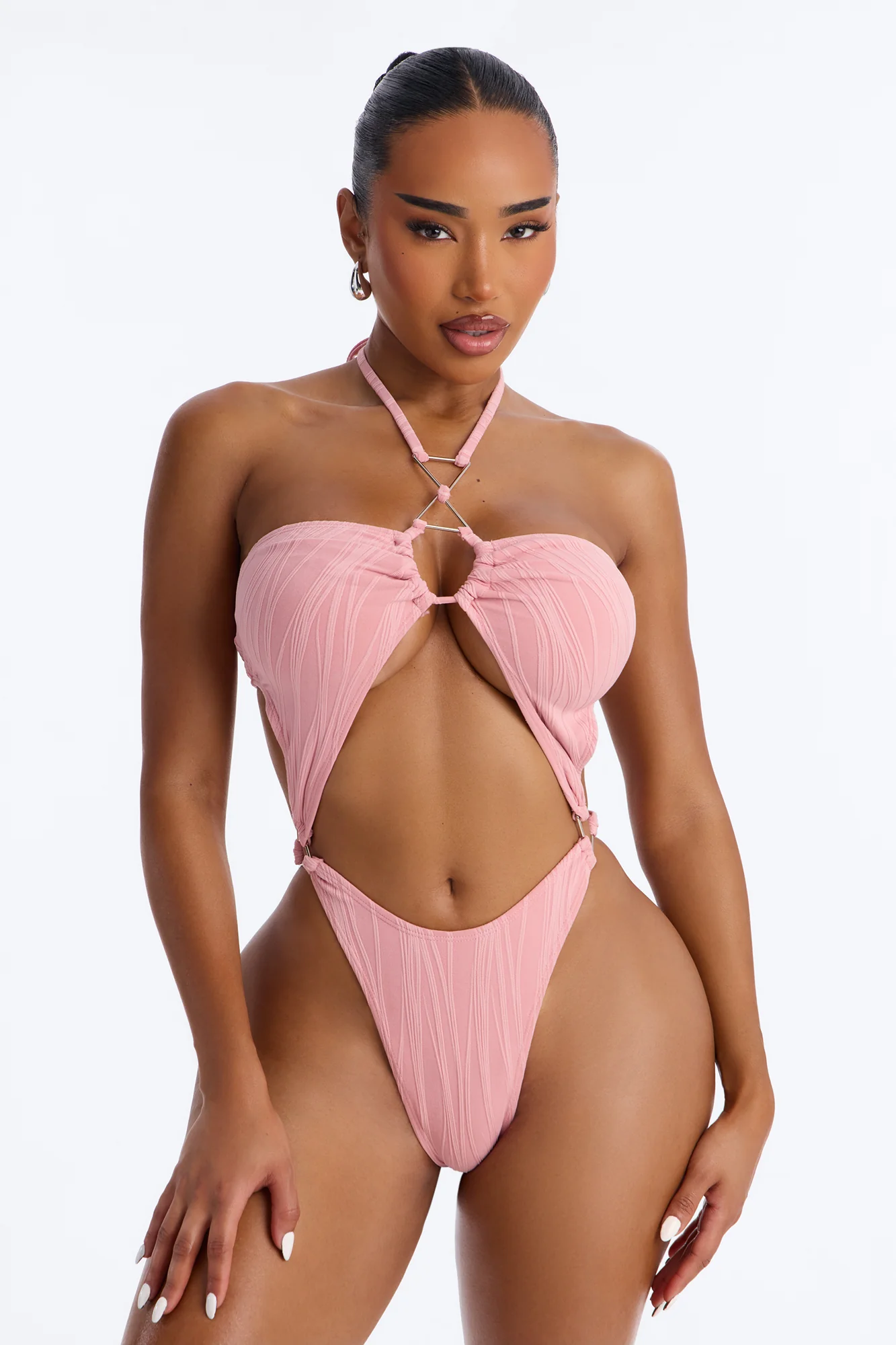 Summer On Repeat Ribbed 1 Piece Halter Bralette Cut Out Swimsuit - Pink