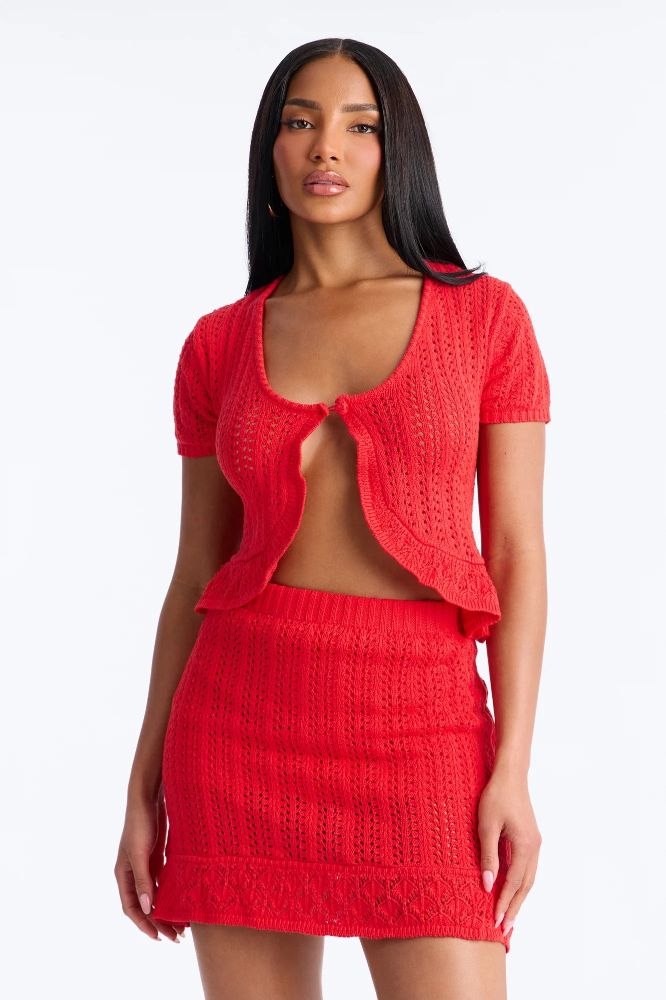 Summer Season Crochet Mini Skirt Set - Red - Image 2