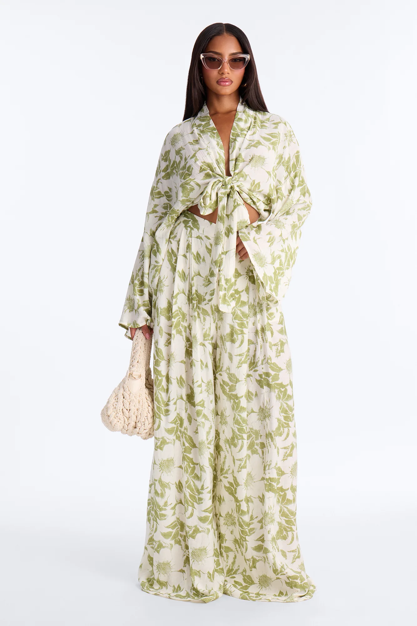 Summer Time Florals Tie Front Blouse - Green/combo
