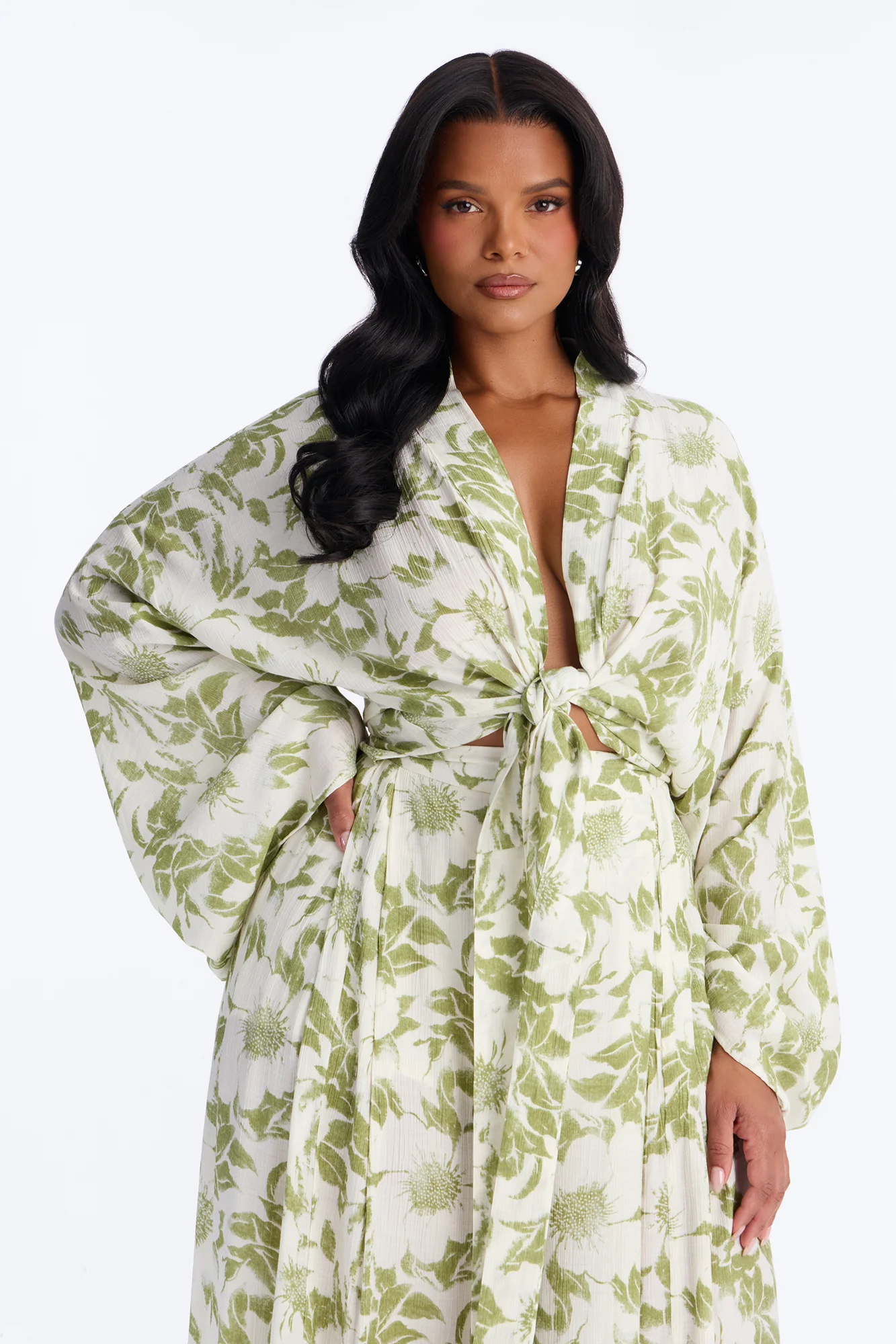 Summer Time Florals Tie Front Blouse - Green/combo - Image 6