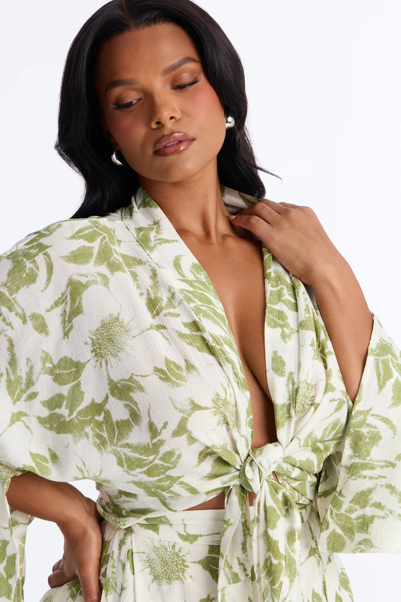 Summer Time Florals Tie Front Blouse - Green/combo - Image 7