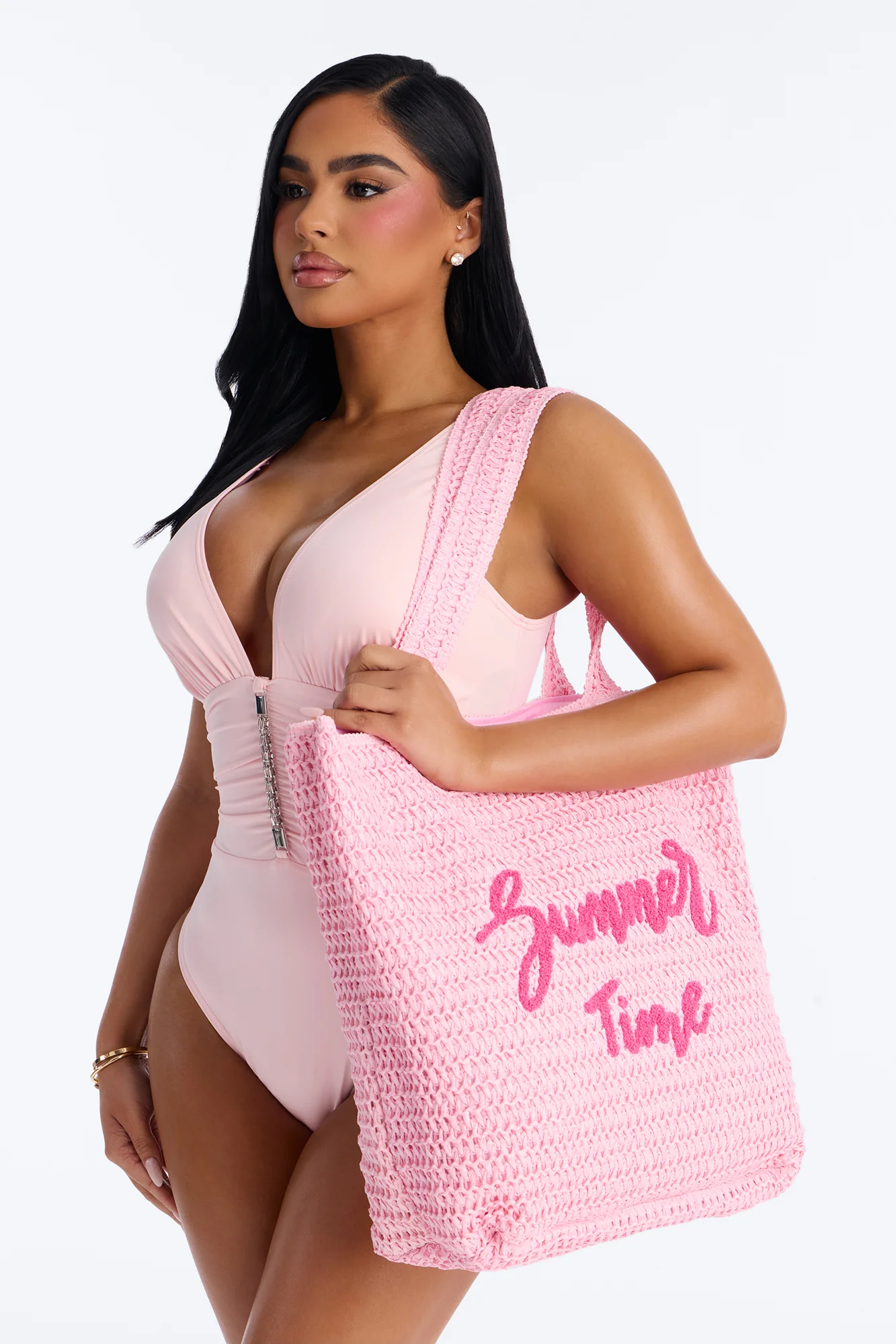 Summer Time Straw Tote And Wristlet - Pink - Image 2