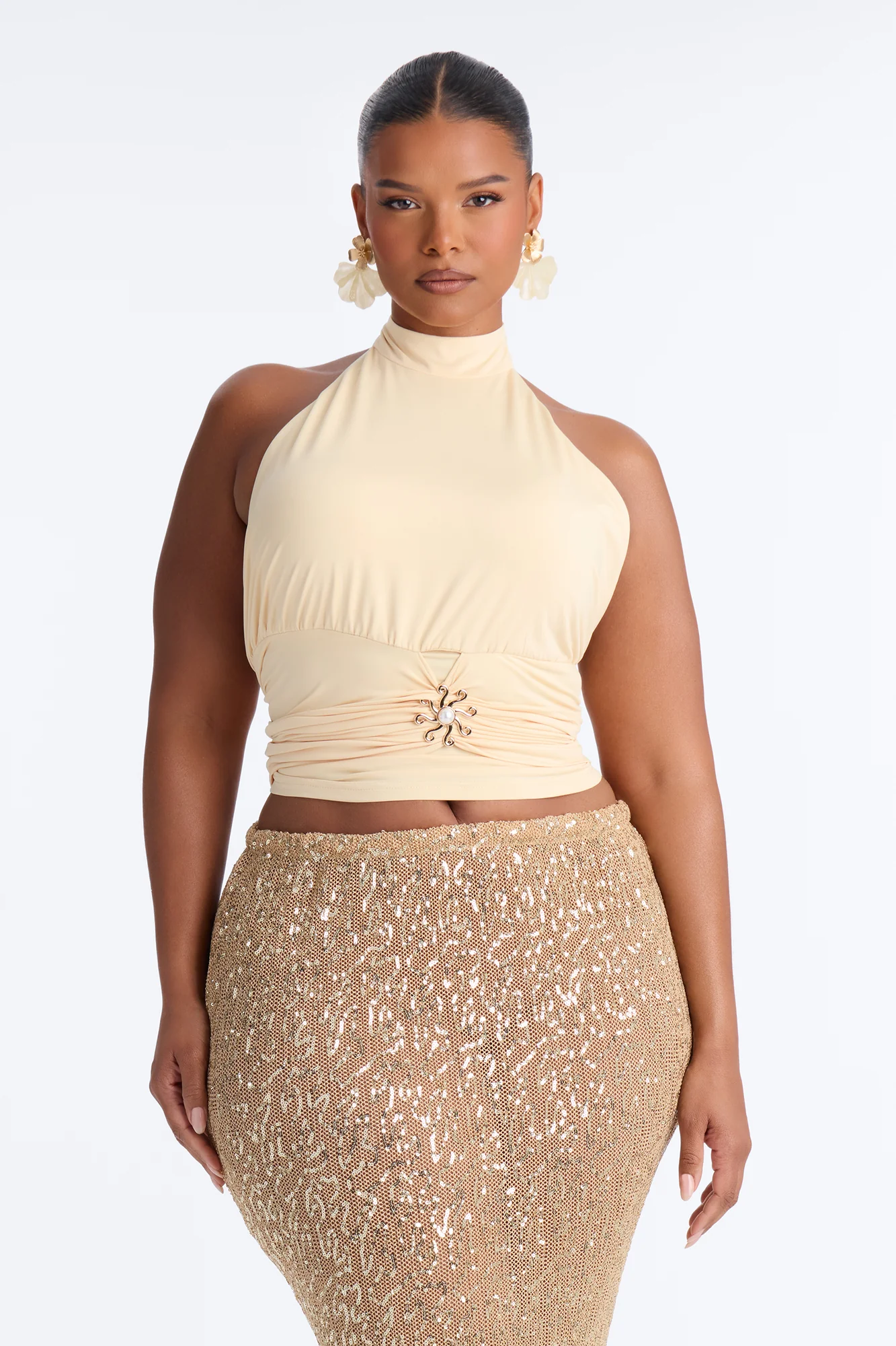 Sun Daydream Ruched High Neck Halter Top - Butter Yellow - Image 5