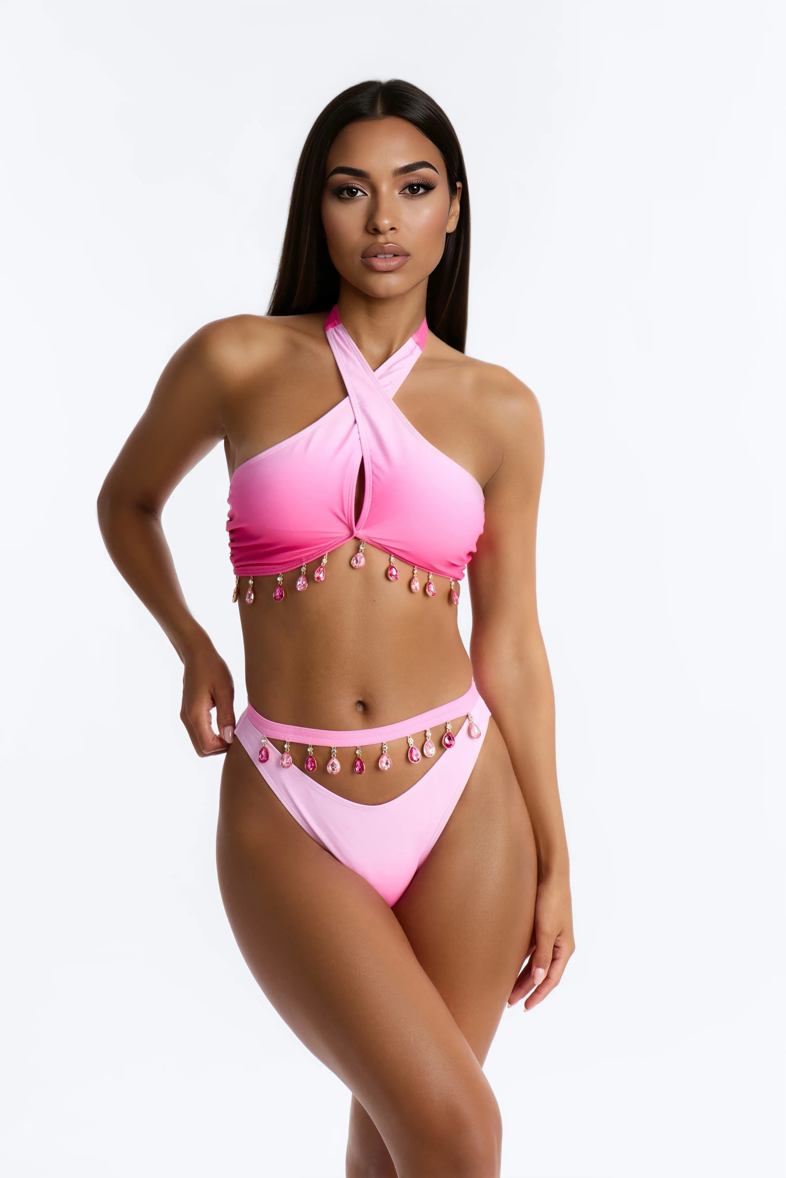 Sun Sea And Smiles Ombre Charm Jewels Waist Tie 3 Piece Bikini Sarong Set - Pink/combo - Image 2