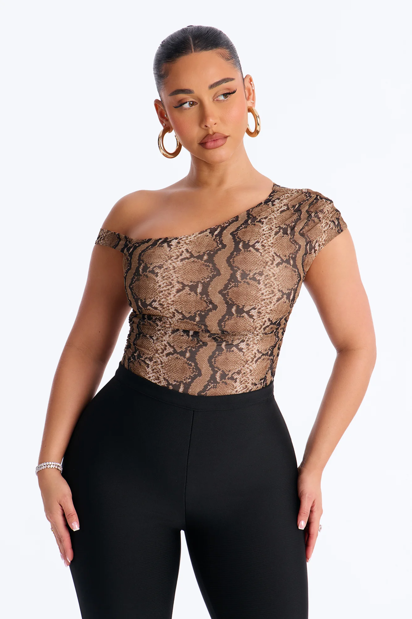 Sunara Snake Off Shoulder Mesh Bodysuit - Brown/combo