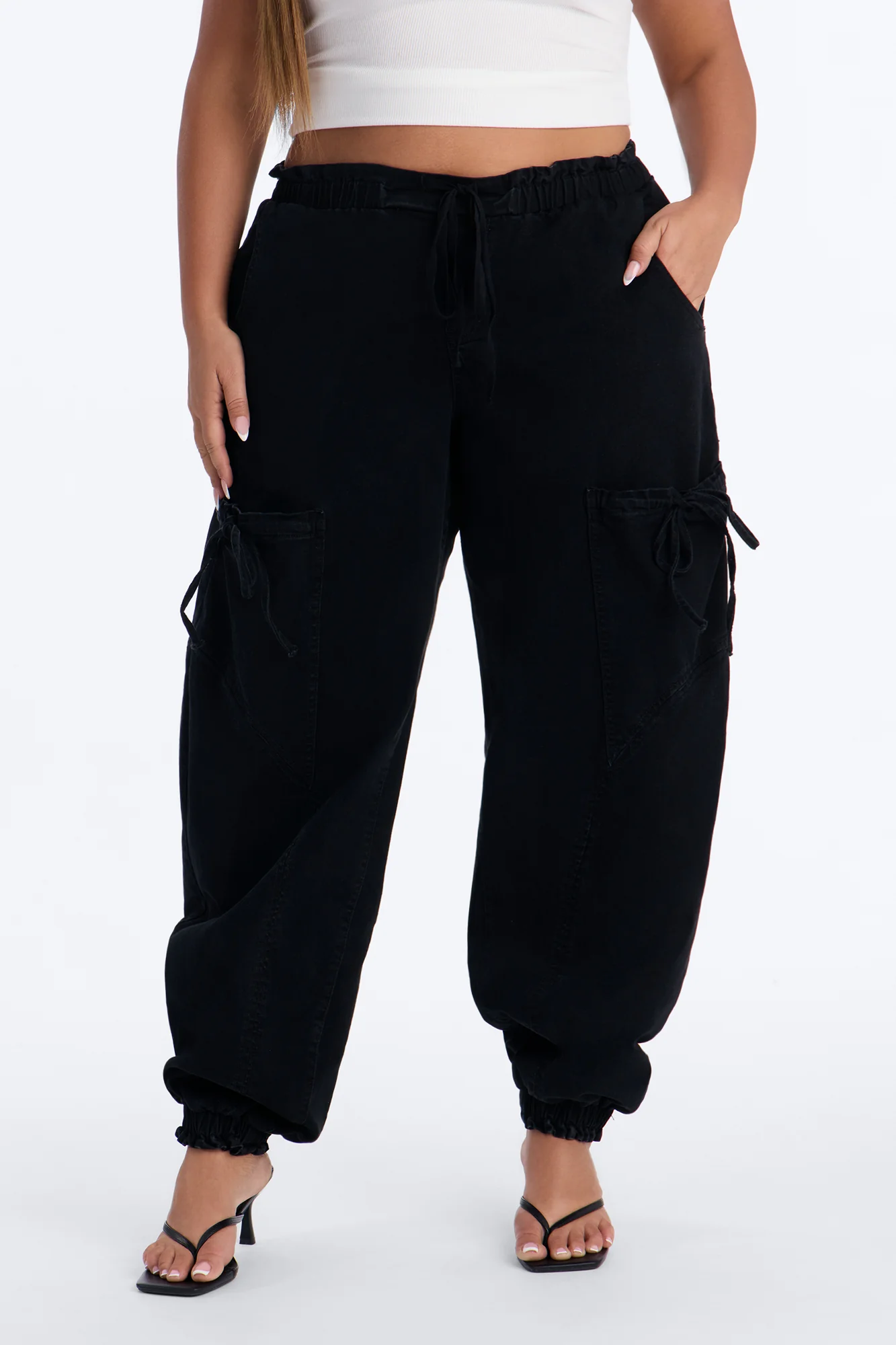 Sunbound Tie Waist Stretch Denim Joggers - Black - Image 6